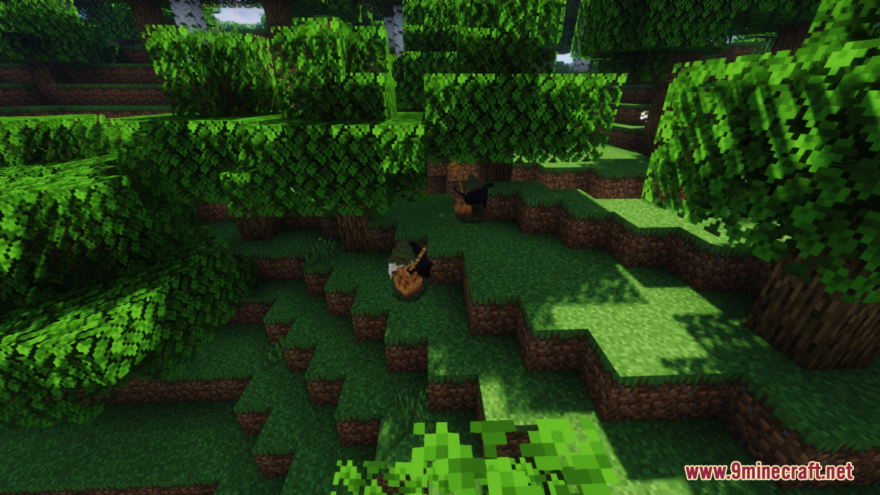 Two small witches wandering through a birch forest
