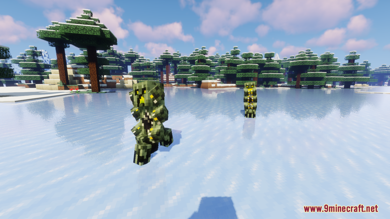 Creepers with new walking animations moving across a frozen lake