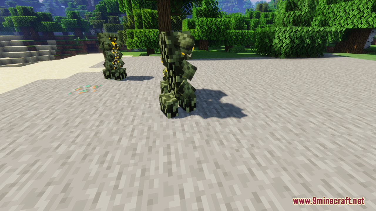 Two creepers with new segmented models standing on a sandy beach