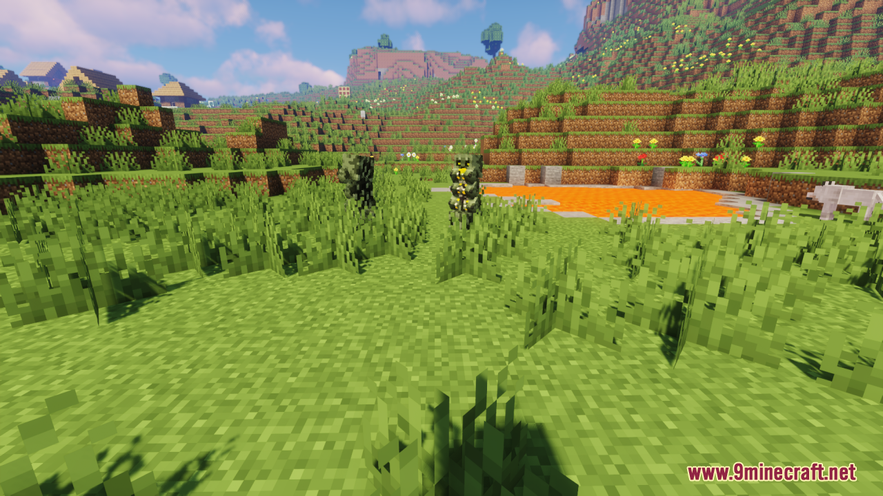 Two modified creepers standing near a lava pool in the overworld