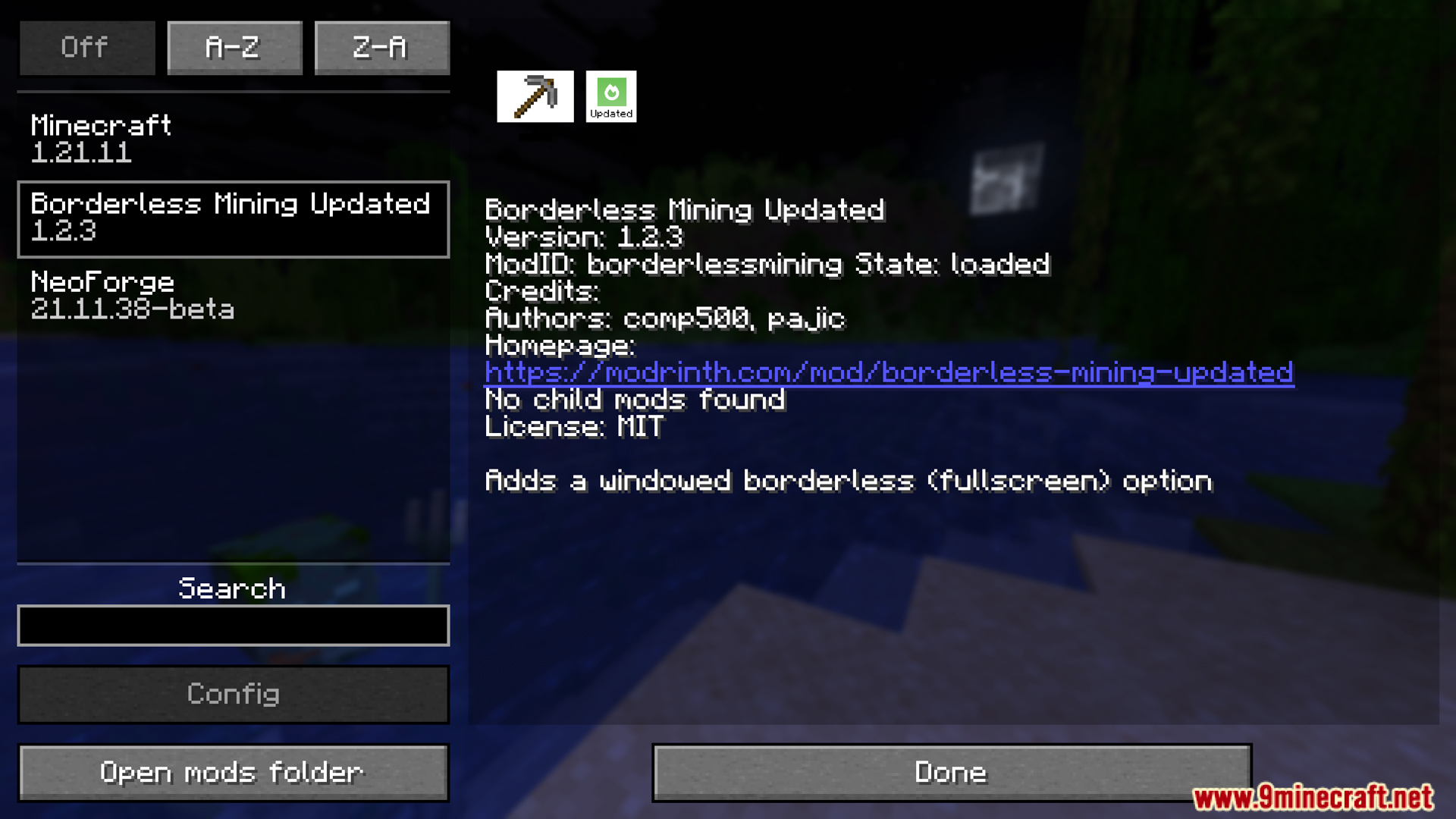 Borderless Mining Updated mod menu showing version and description