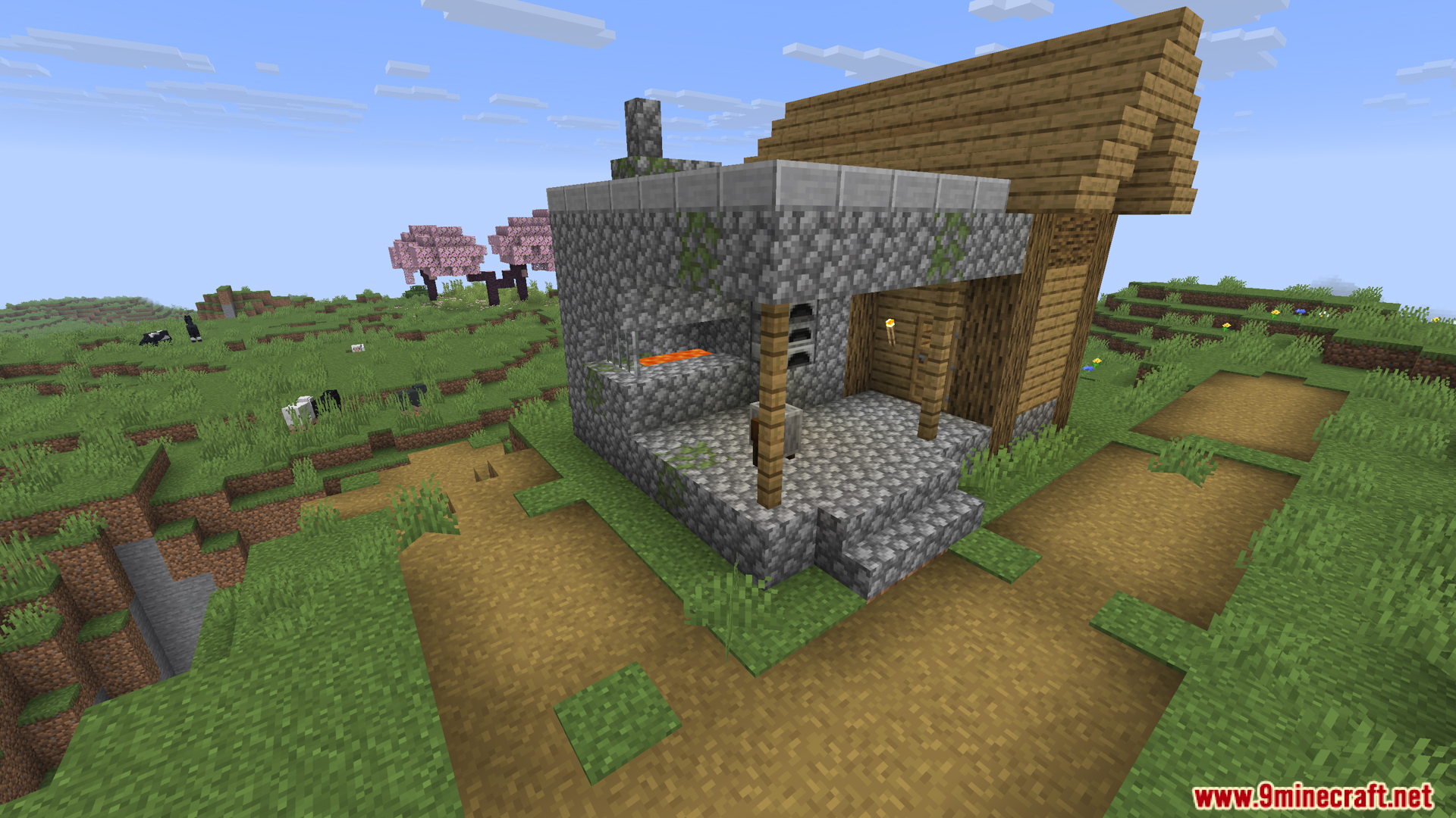 Blacksmith building in a village with a lava pool