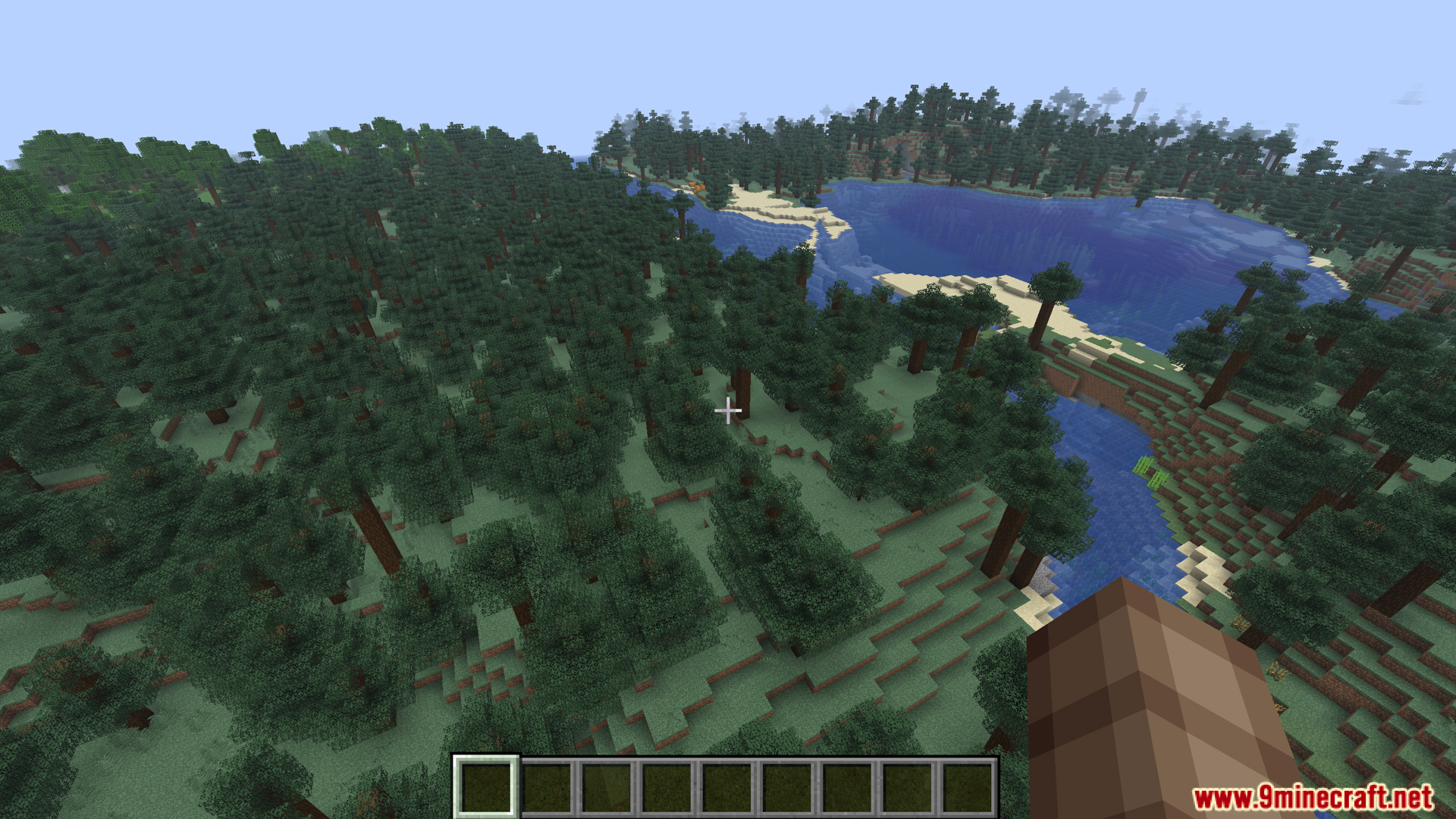 Wide aerial view of a thick taiga forest next to a river