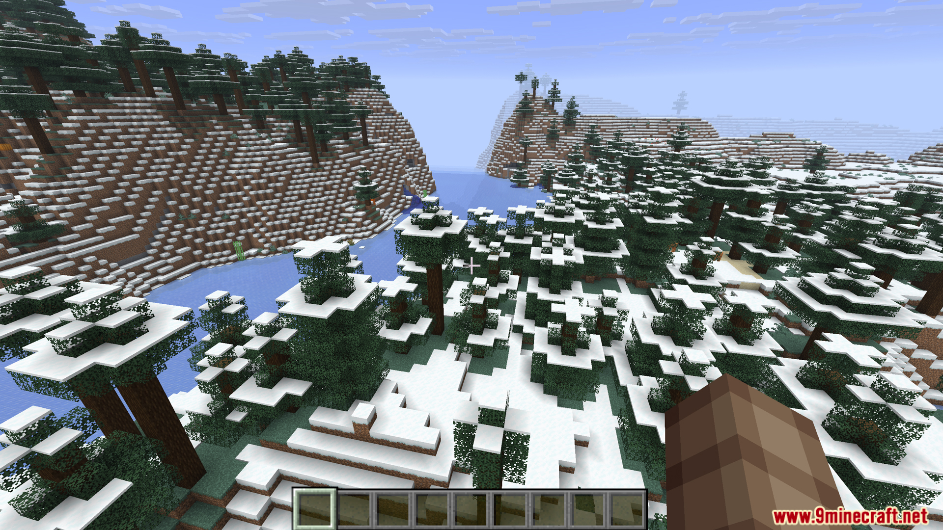 Snowy taiga landscape featuring tall spruce trees next to a frozen river