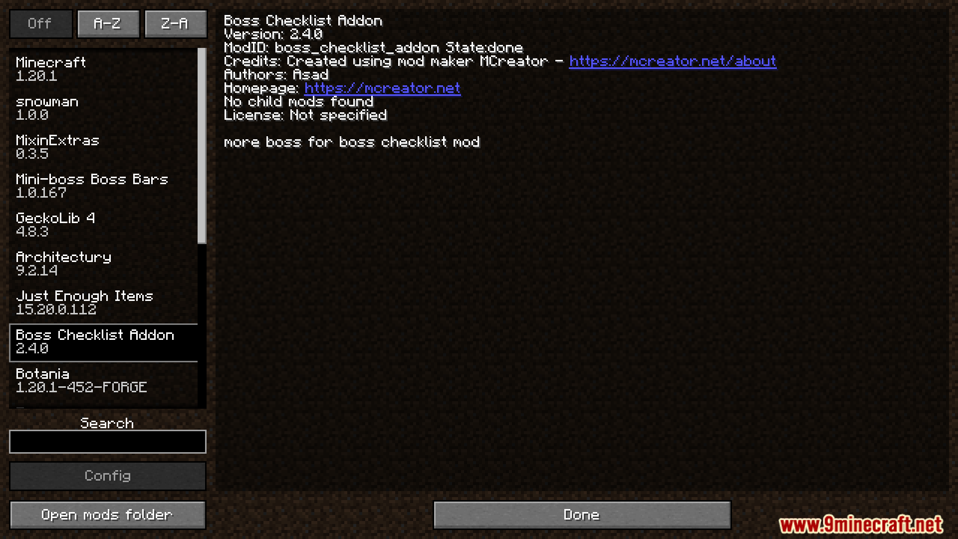 Boss Checklist Addon mod information screen