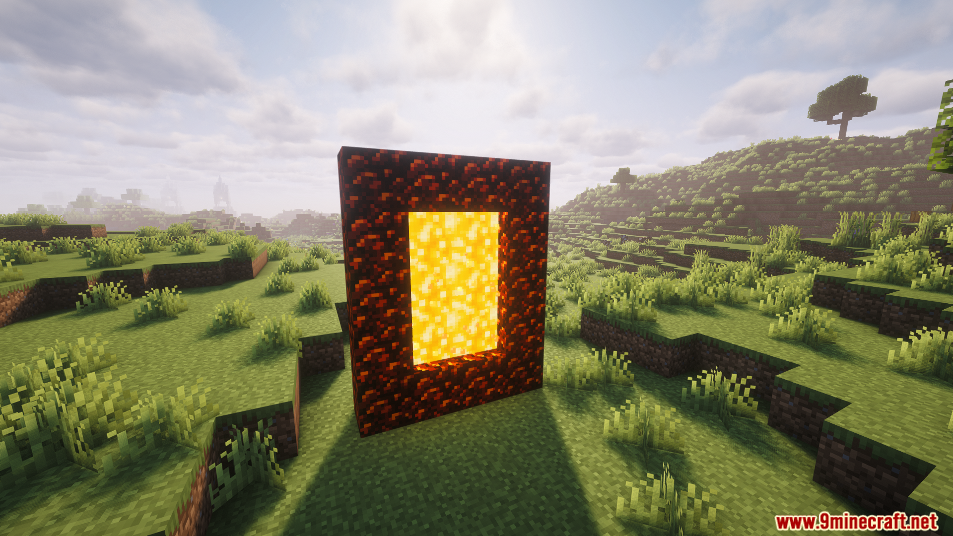 A custom dimension portal glowing in a grassy field