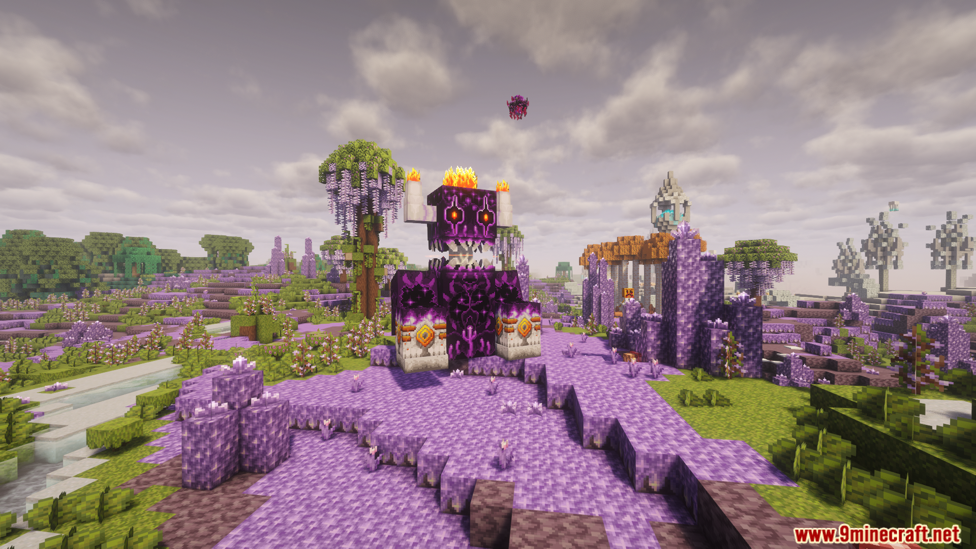 A giant purple boss mob in a custom biome