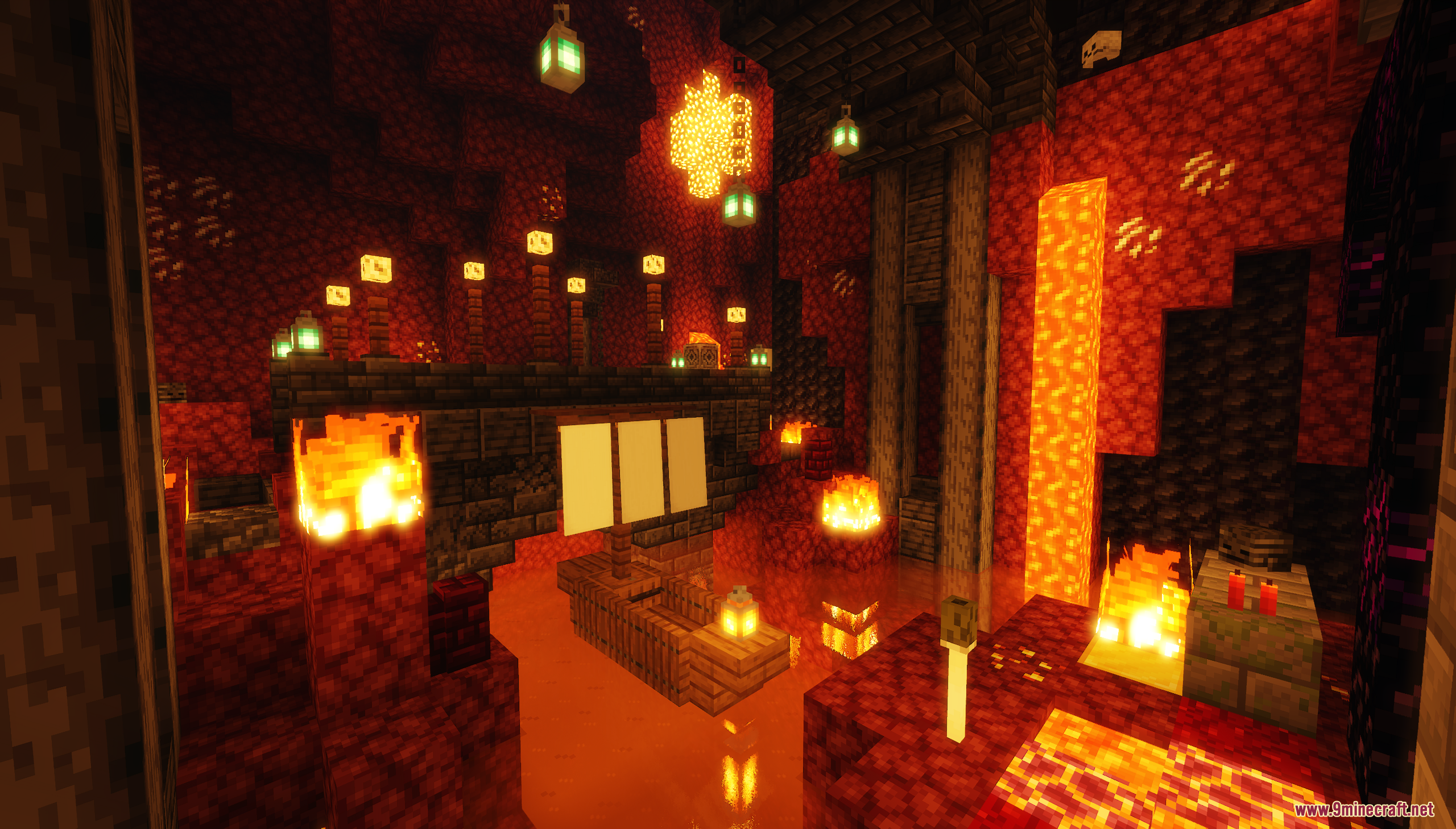 Nether themed room with lava pool and small wooden boat