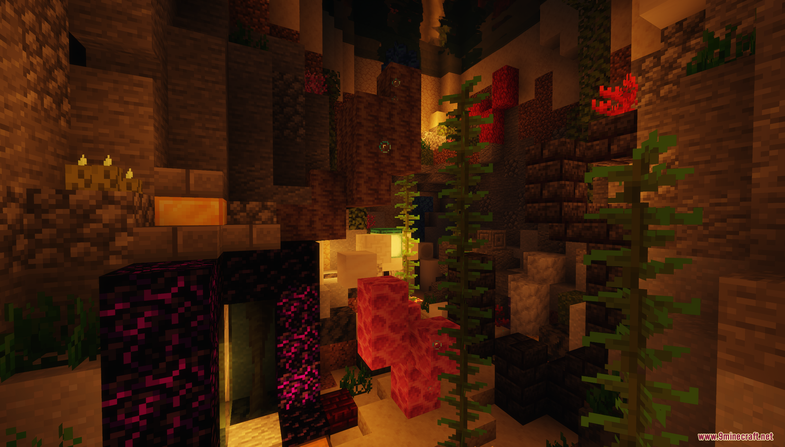 Underwater cave level featuring coral blocks kelp and obsidian portal