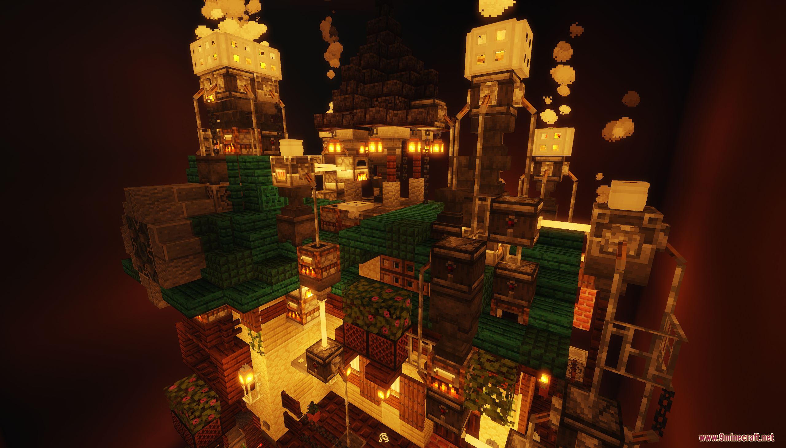 Intricate steampunk style building with dark prismarine roof and lanterns