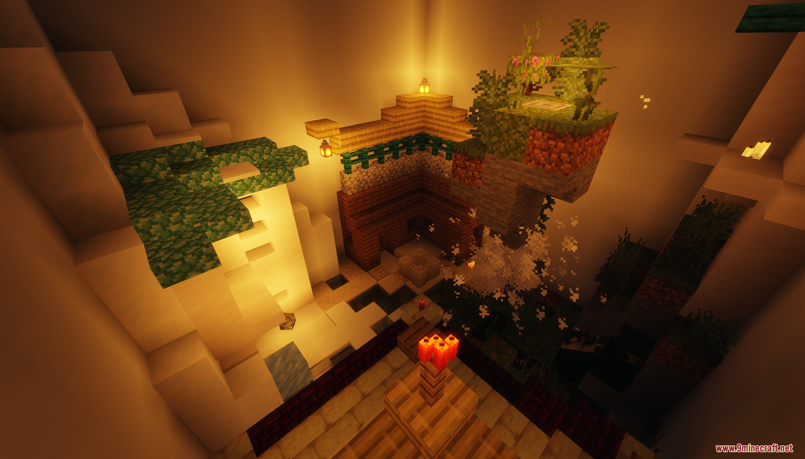 Floating island level inside a cave with waterfall and vines