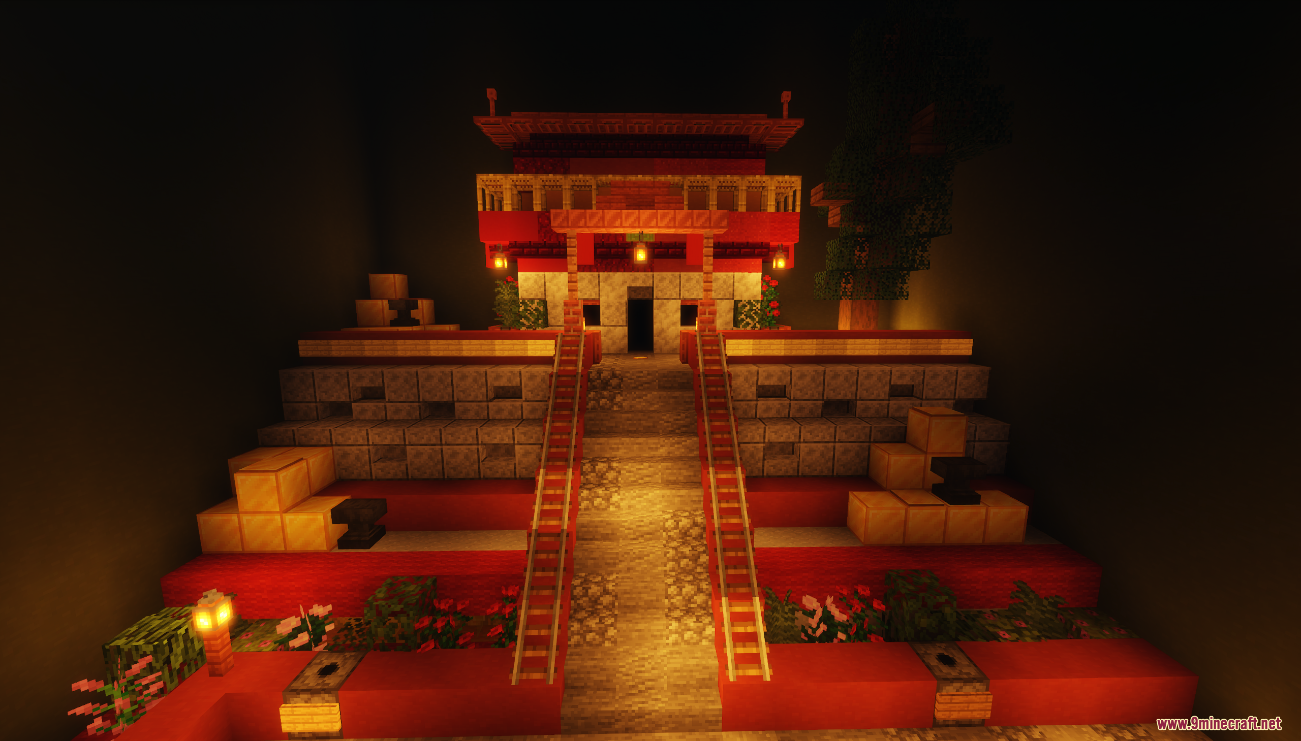 Red and white Asian temple structure with long stone staircase
