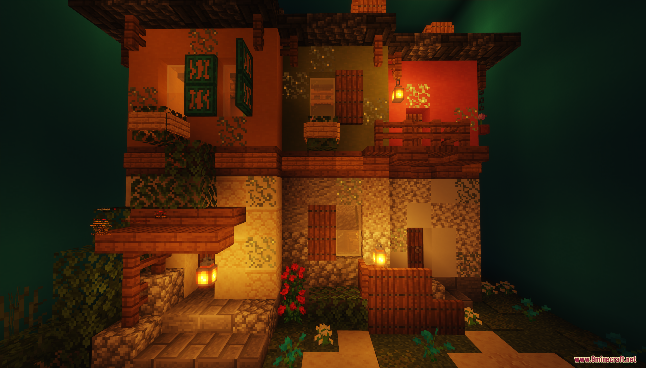 Cozy two story Minecraft house with balcony and hanging vines