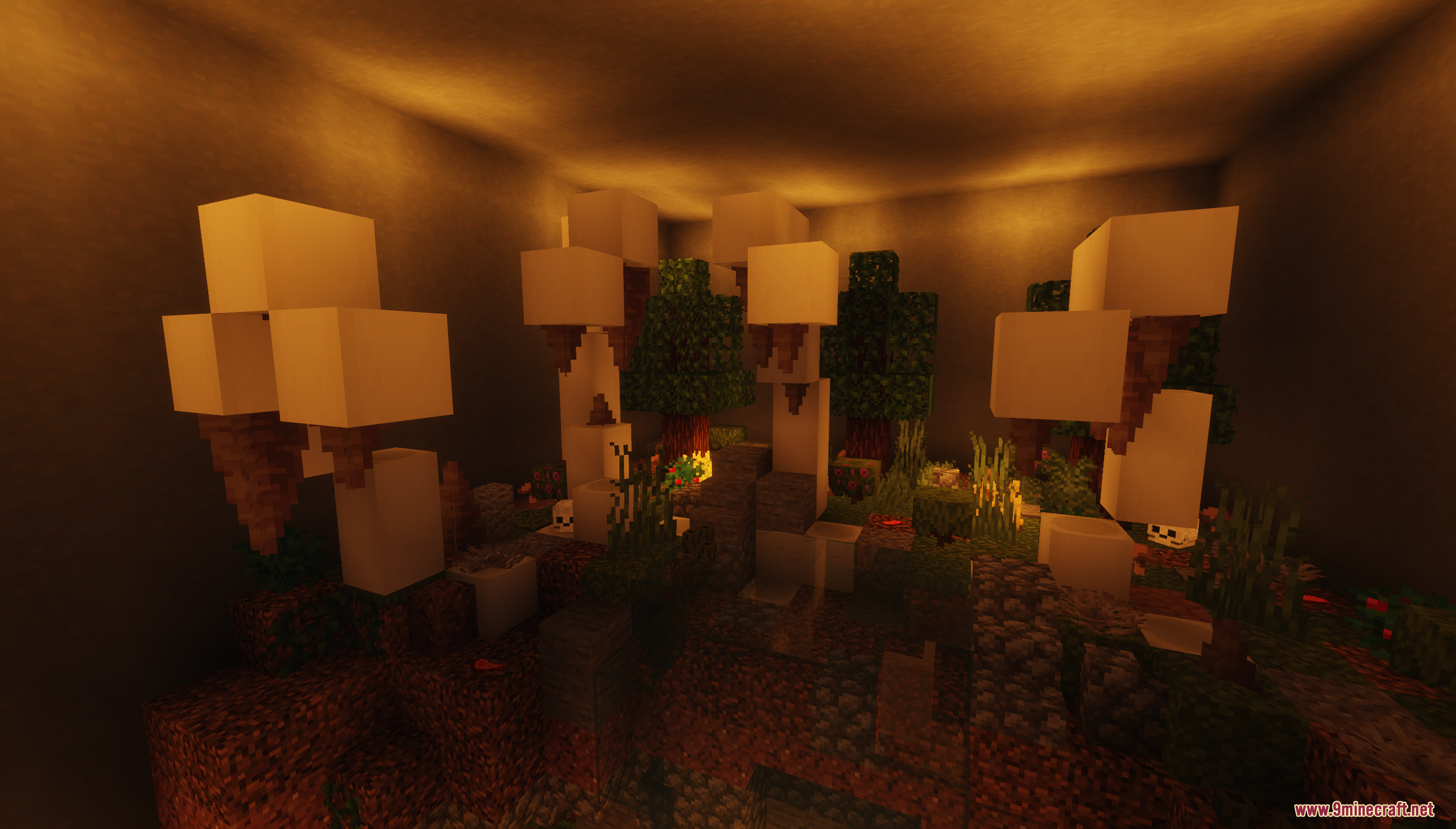 Buttonquest map level featuring a dark cave with white mushrooms