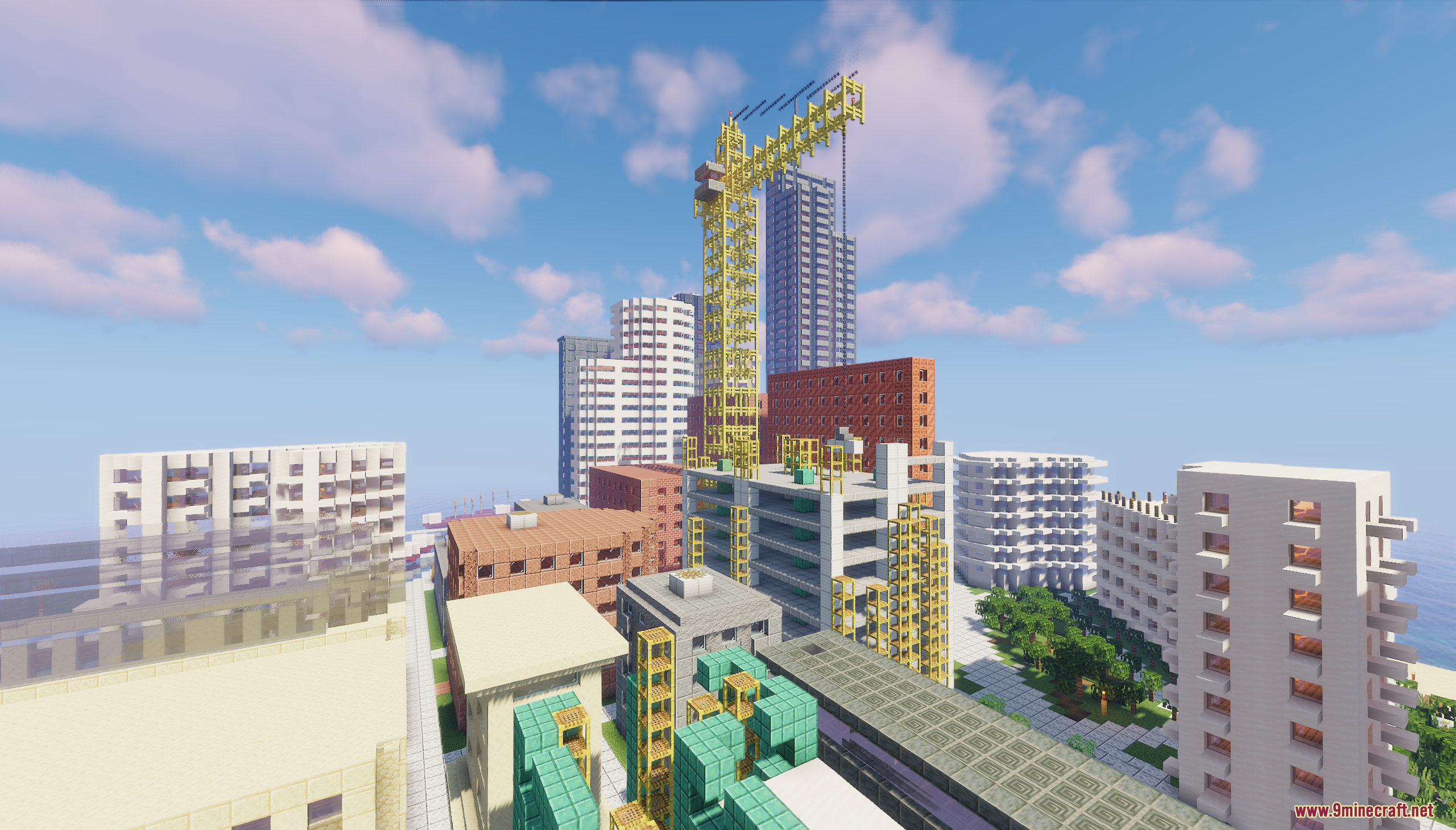 Yellow construction crane building a high rise in the city center