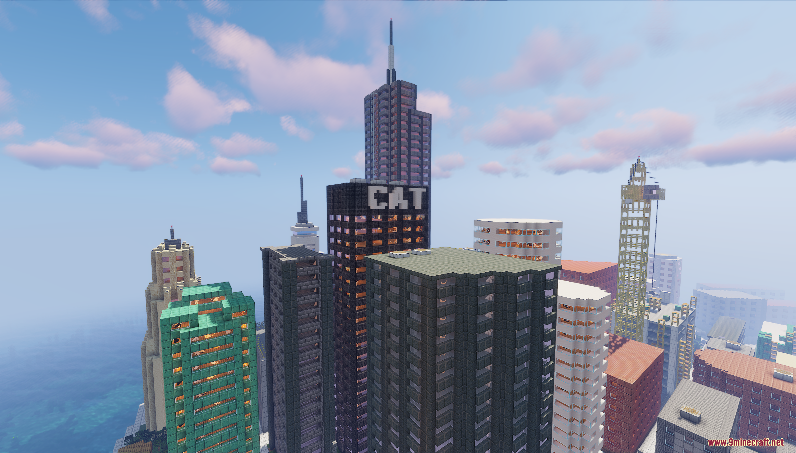 Aerial view of tall Minecraft city skyscrapers including a central black building