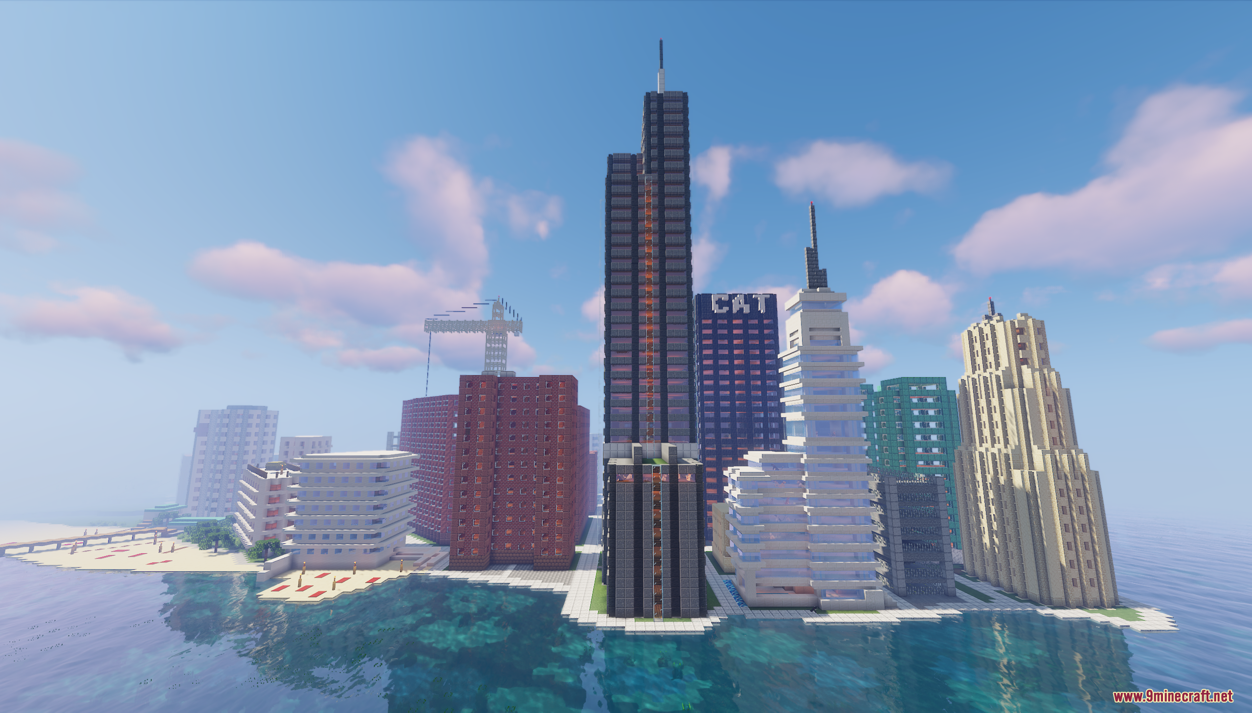 Wide coastal view of the Minecraft city island with tall skyscrapers