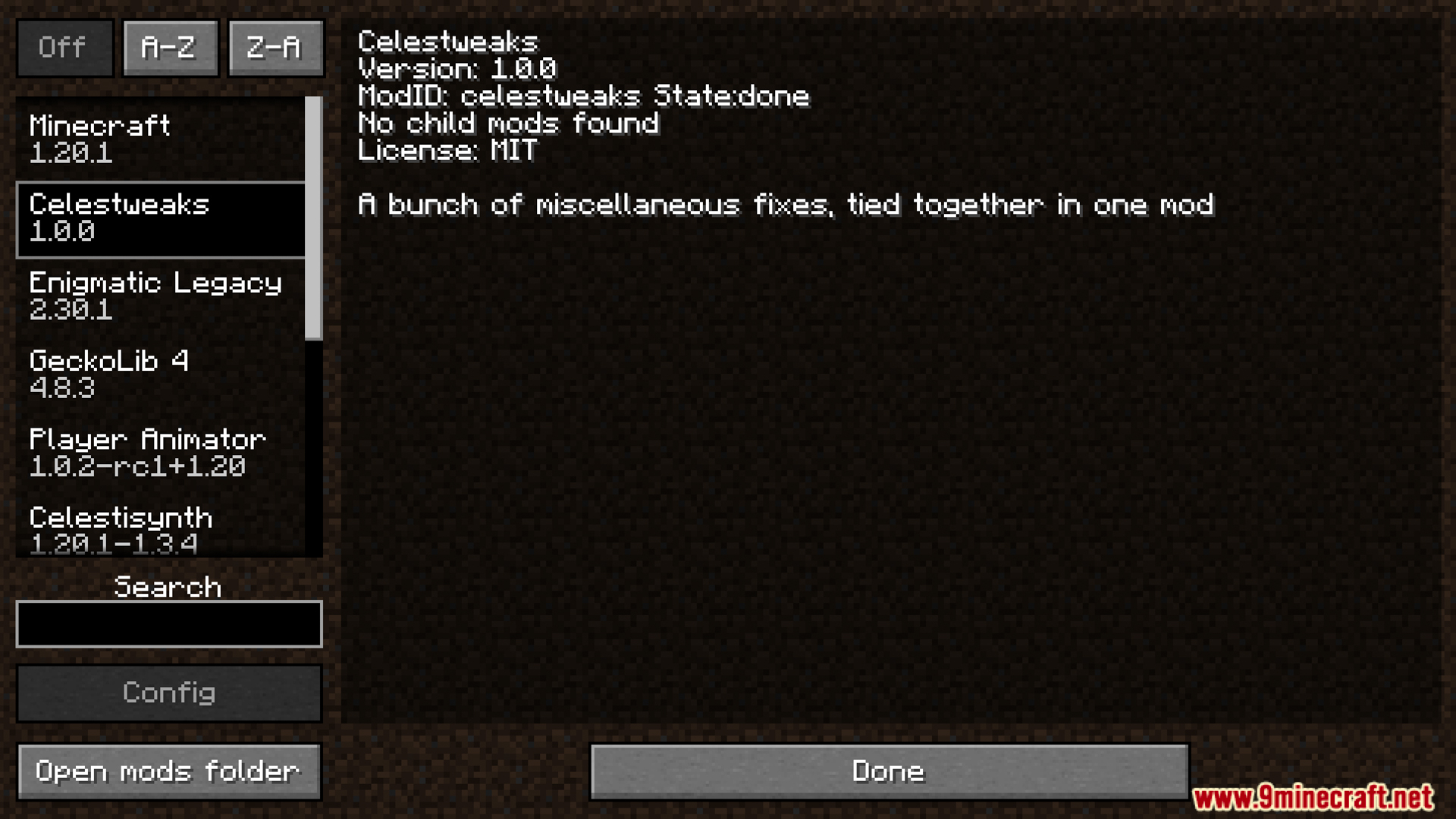 Celestweaks mod information in the mods menu
