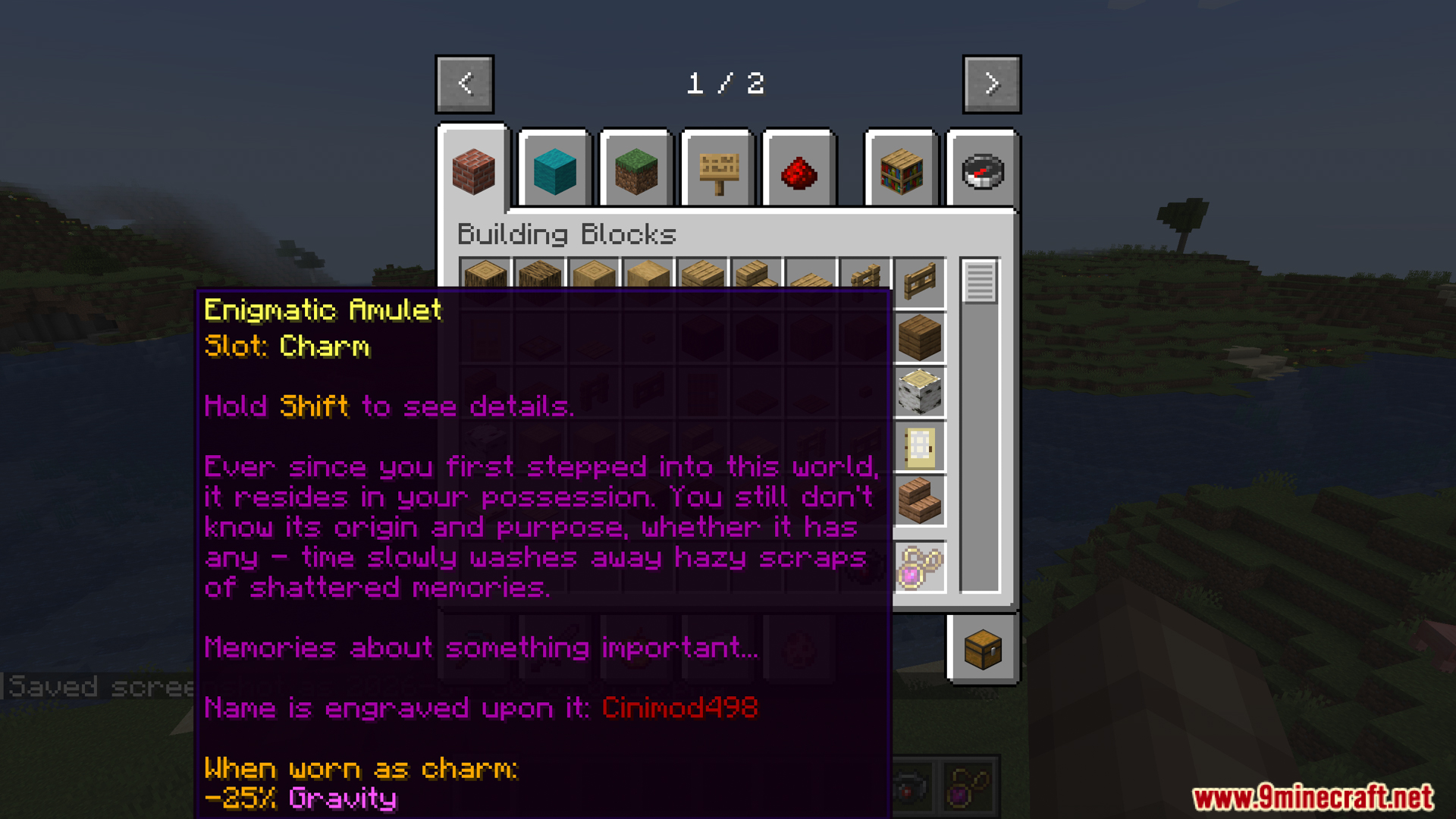 Enigmatic Amulet item with stats and lore