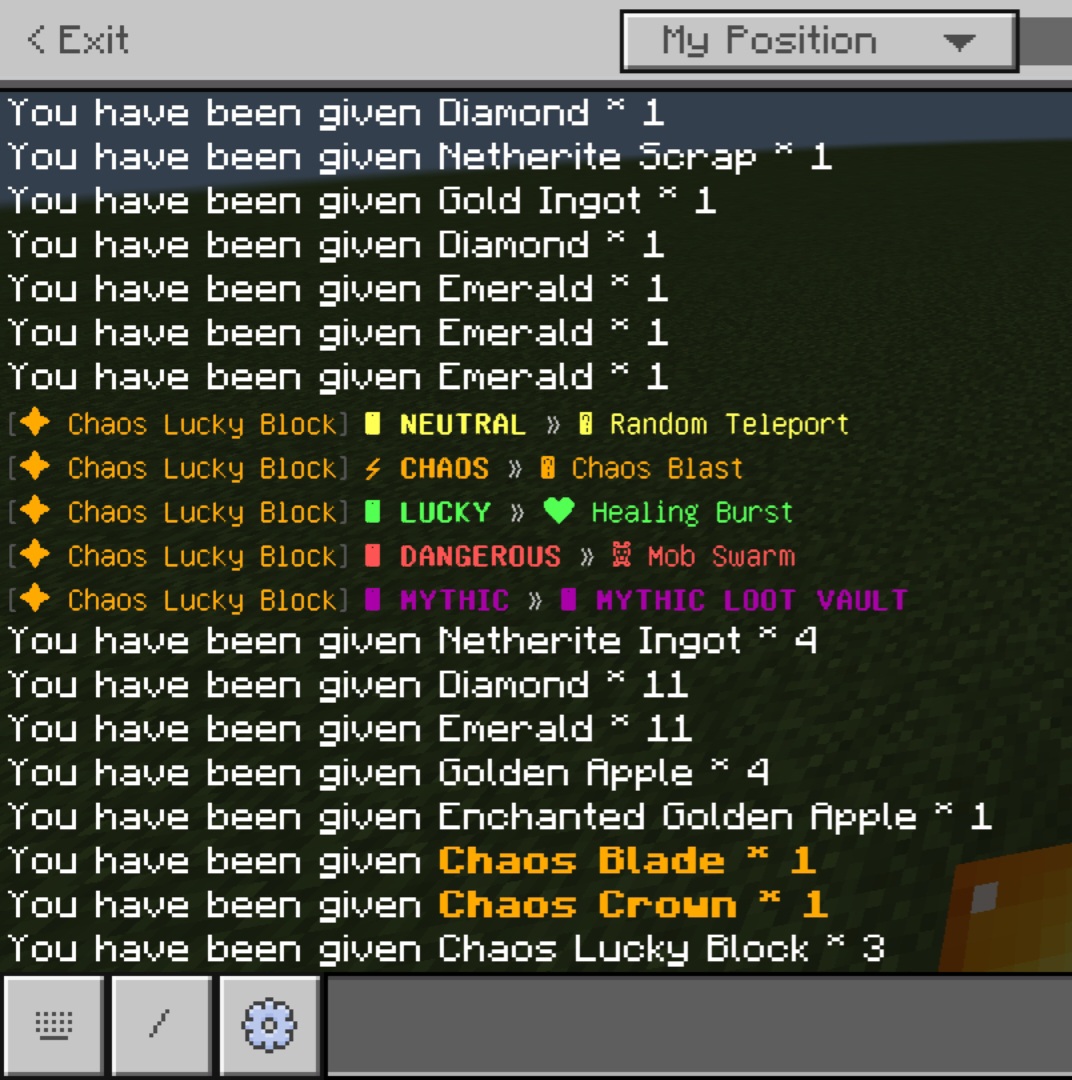 Chat log displaying random loot and events from lucky blocks