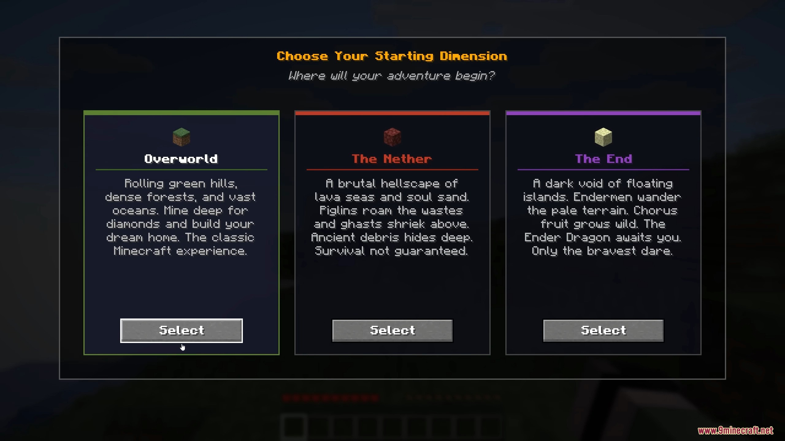 Choose Dimension Mod Screenshot 1 Choose Dimension Mod menu screen showing Overworld Nether and End options