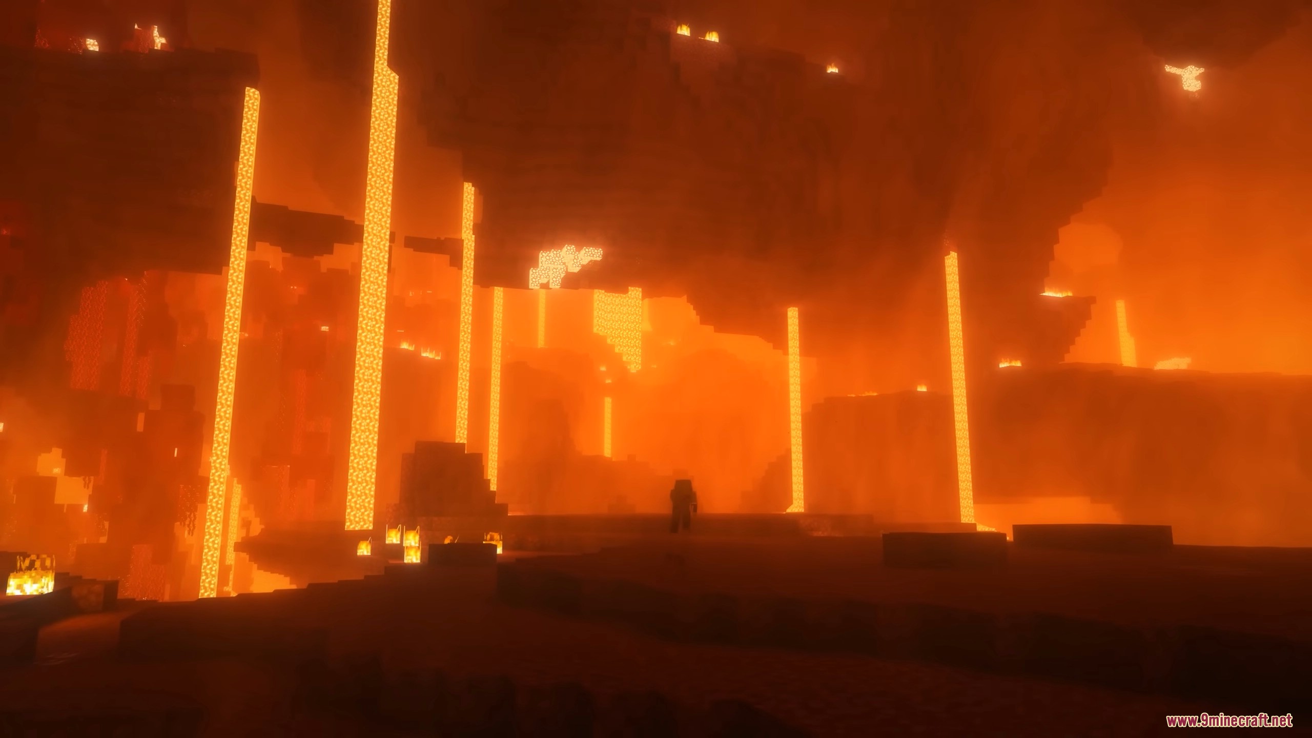 Choose Dimension Mod Screenshot 2 Player exploring the fiery Nether landscape using Choose Dimension Mod