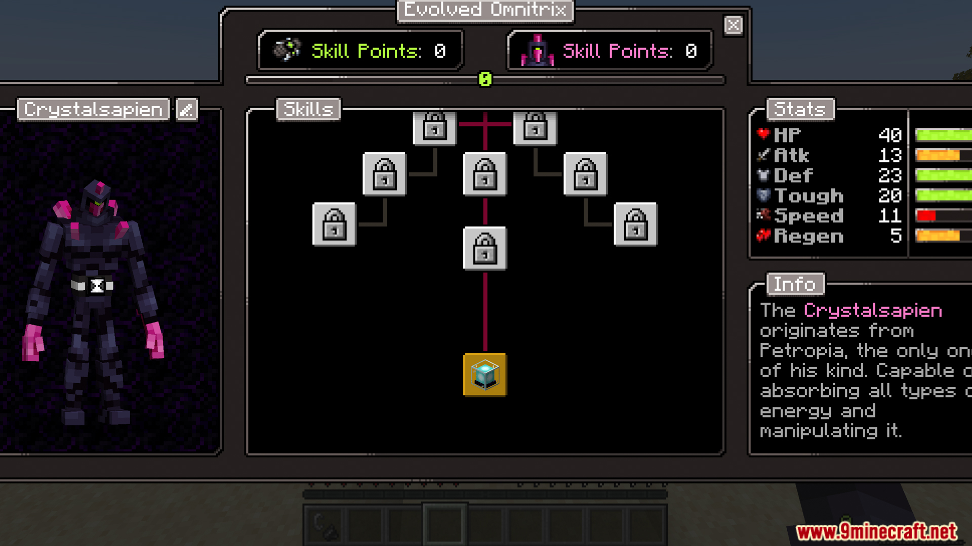 Viewing the Crystalsapien alien skill tree and character stats menu