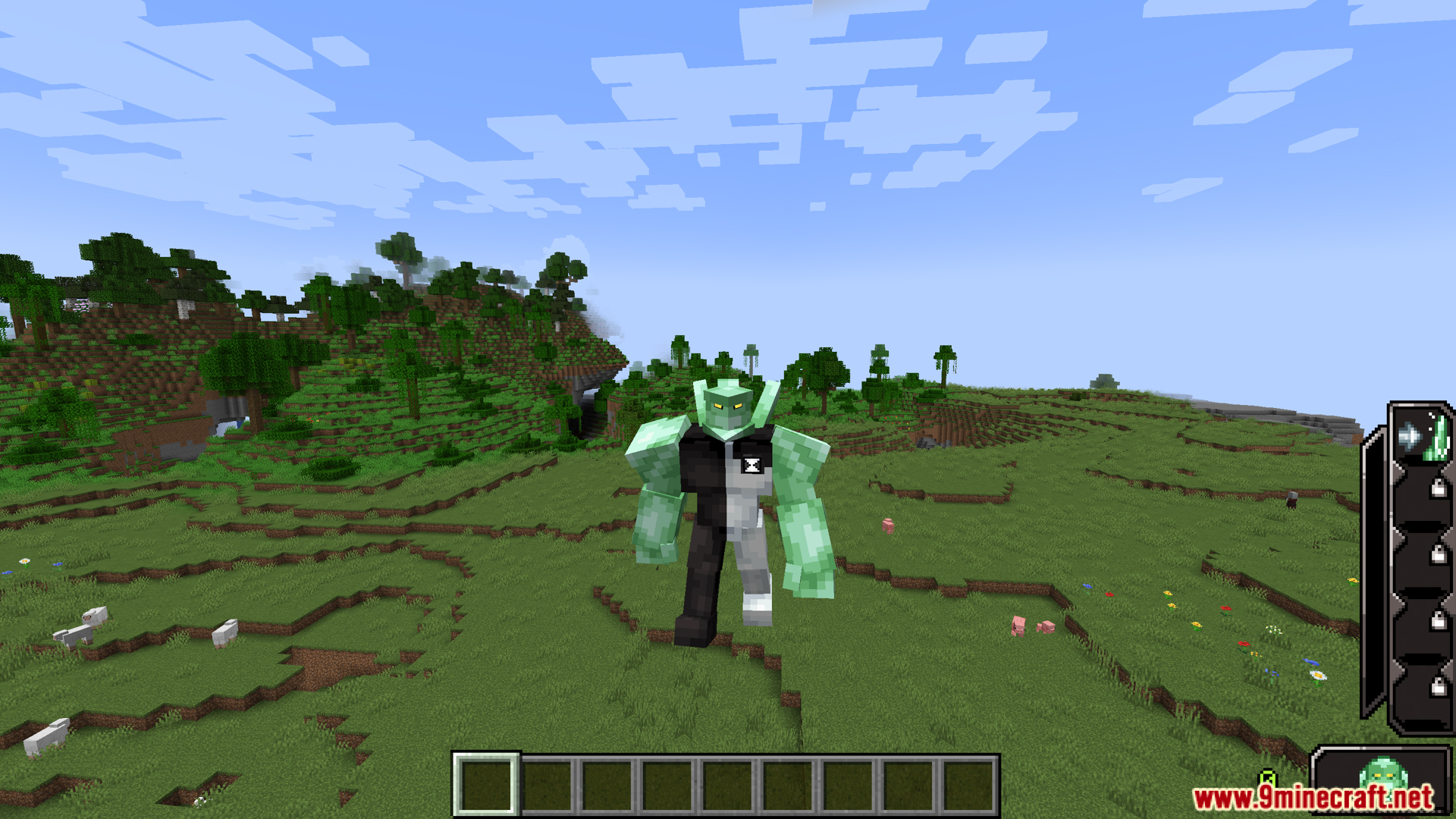 Player transformed into Chromastone alien standing in a grassy field
