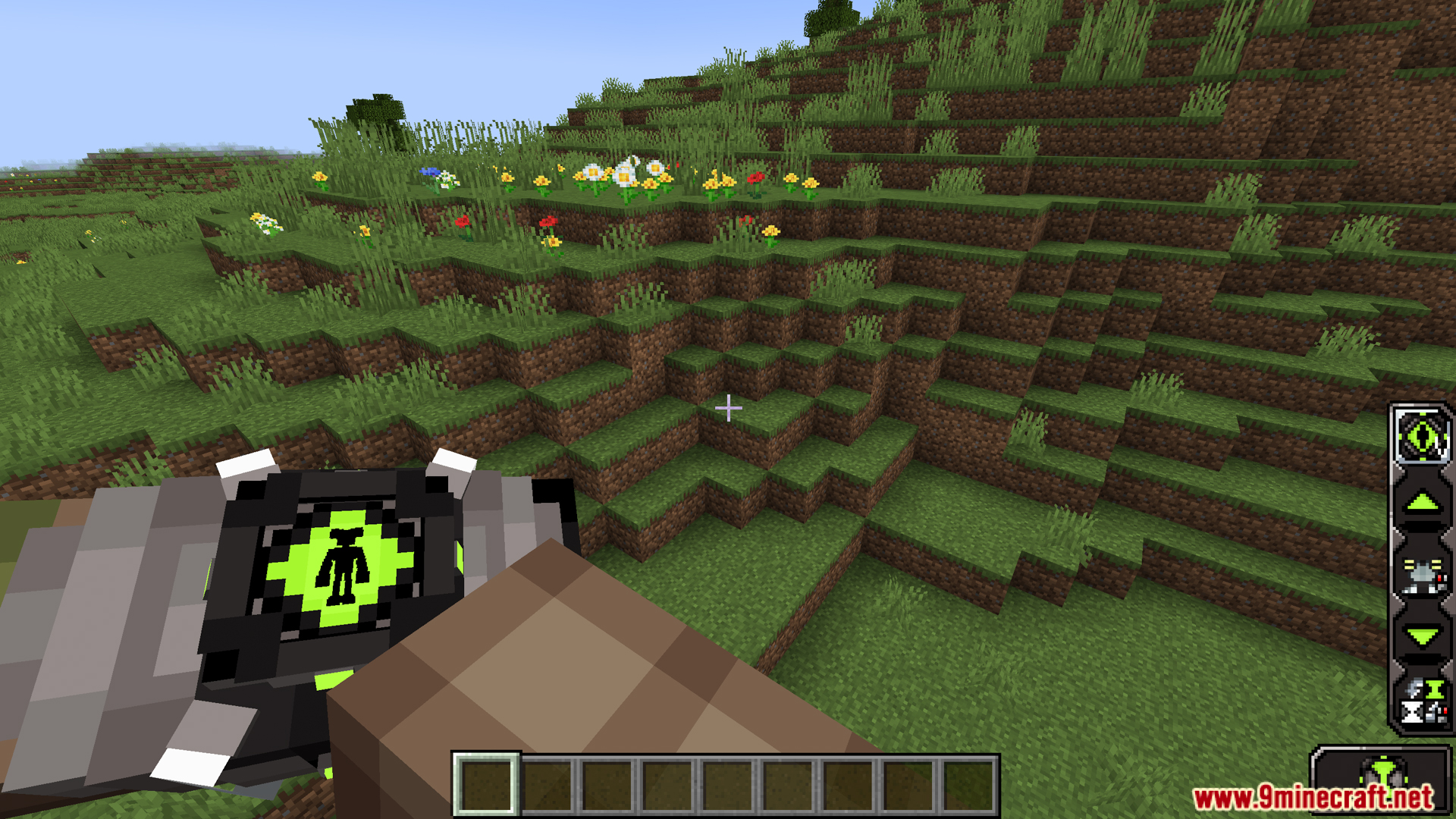 Player holding alien transformation device with green interface in grassy biome