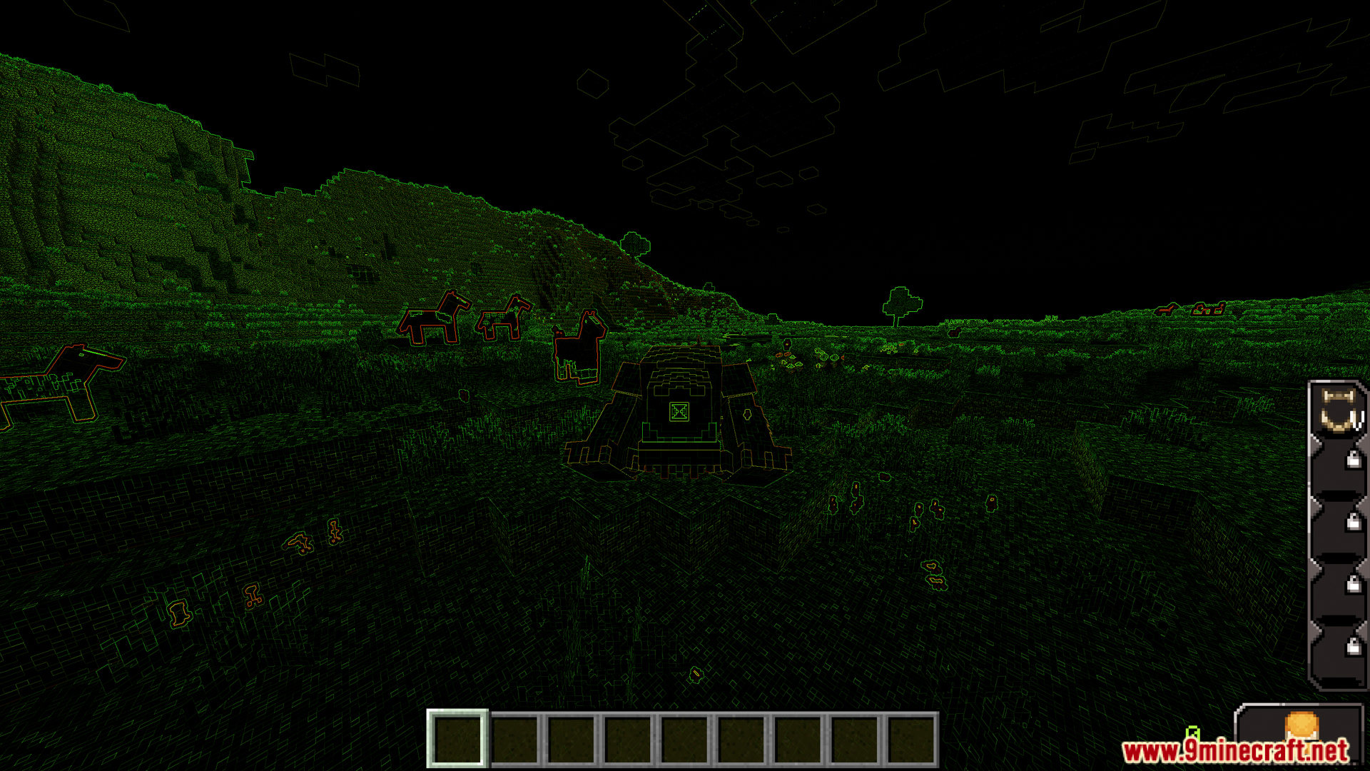 Green outline vision showing animals and a vehicle in the dark