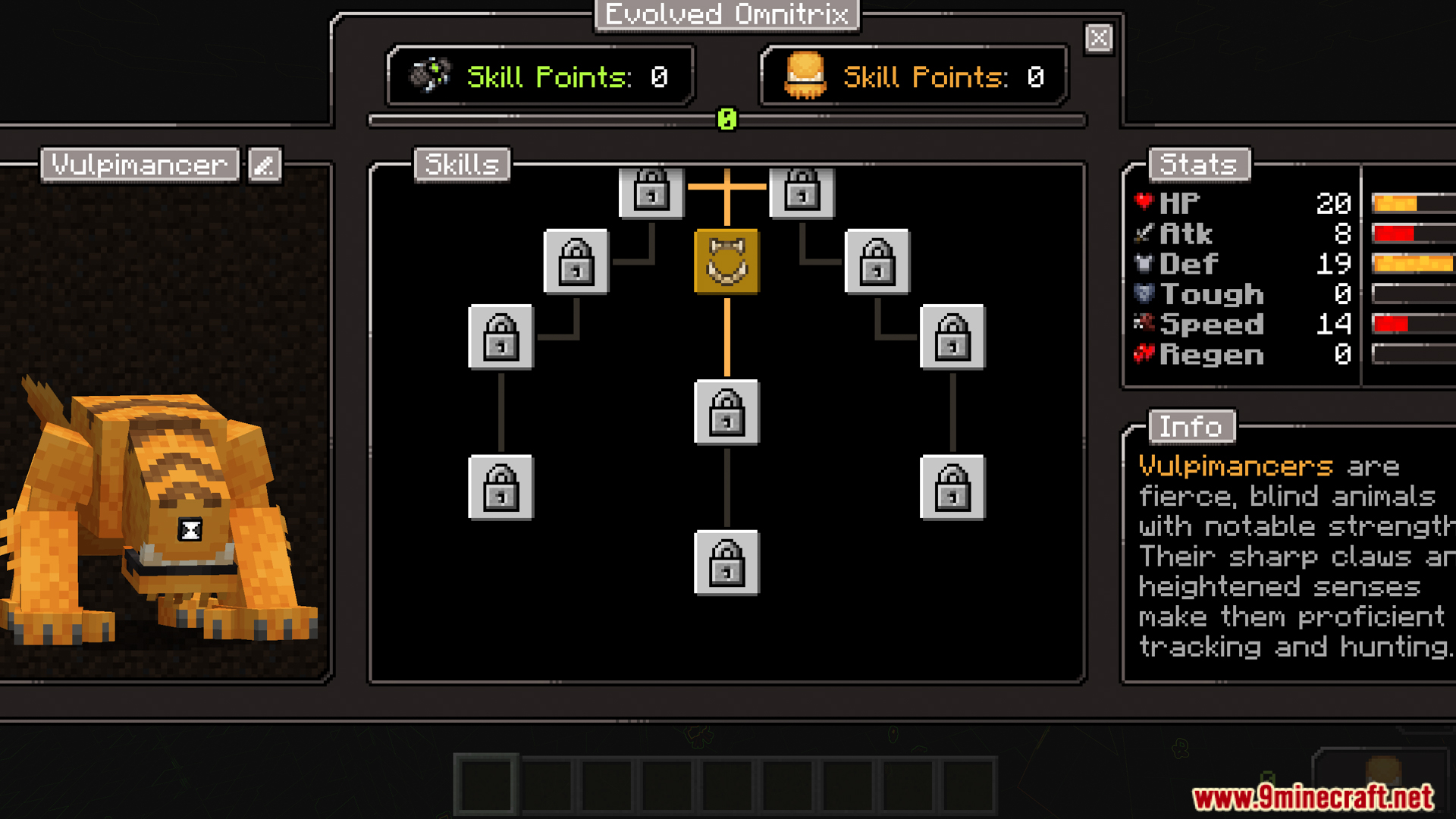 Evolved Omnitrix skill tree interface for the Vulpimancer alien character