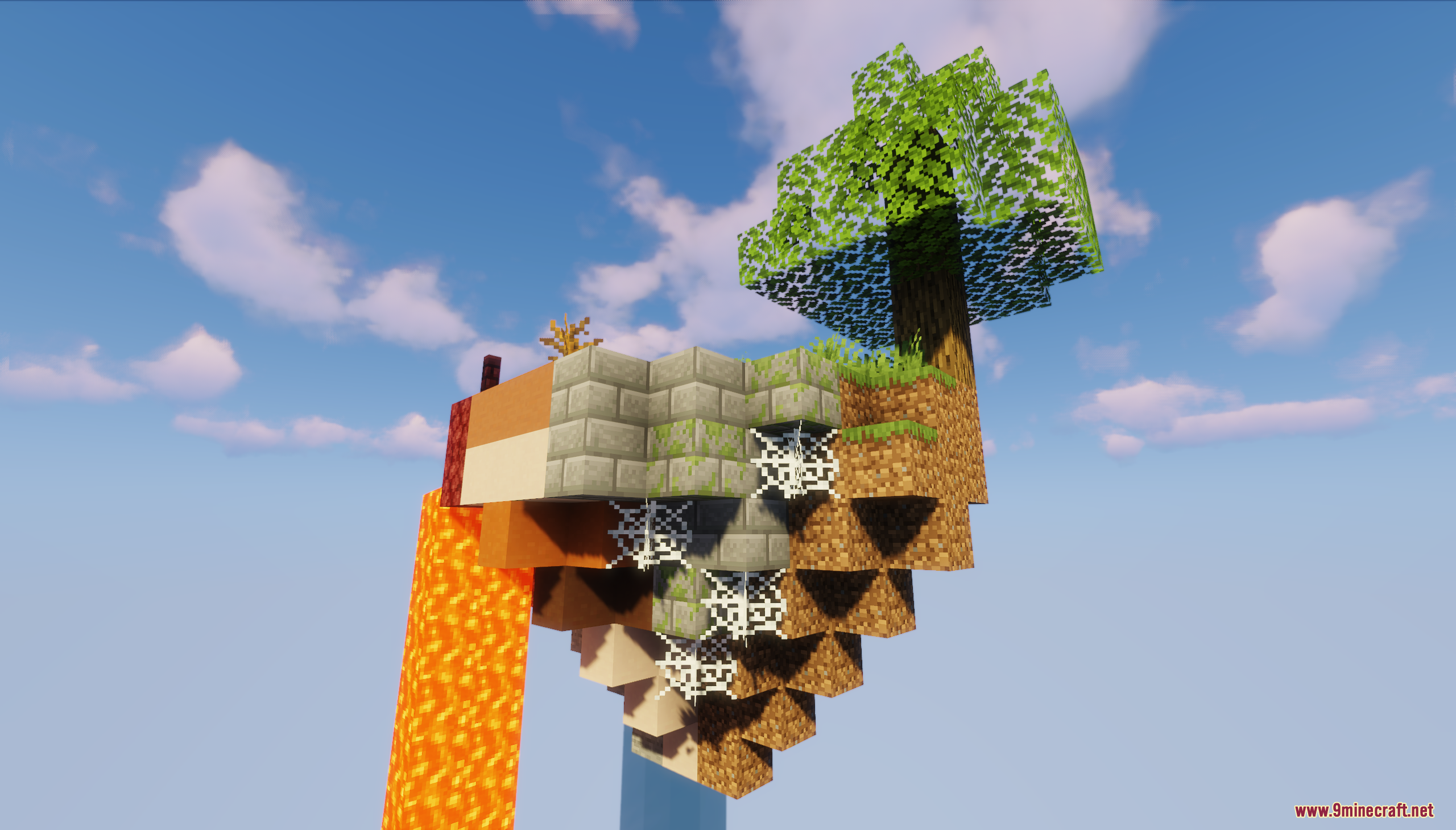 A small floating island with a tree and lavafall