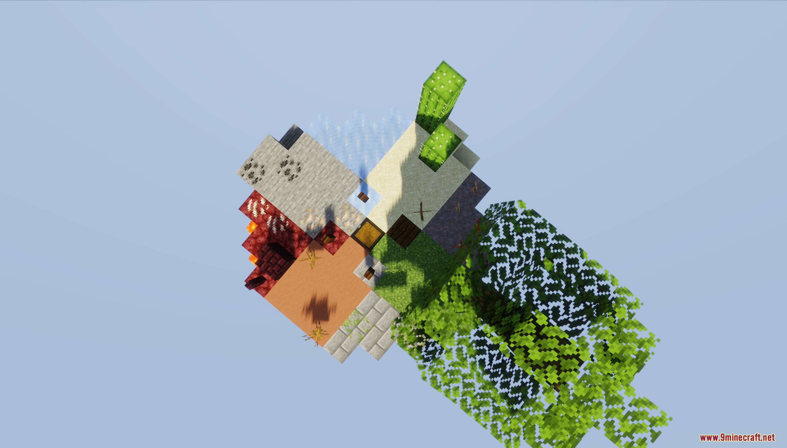 A circular floating island with eight different tiny biomes