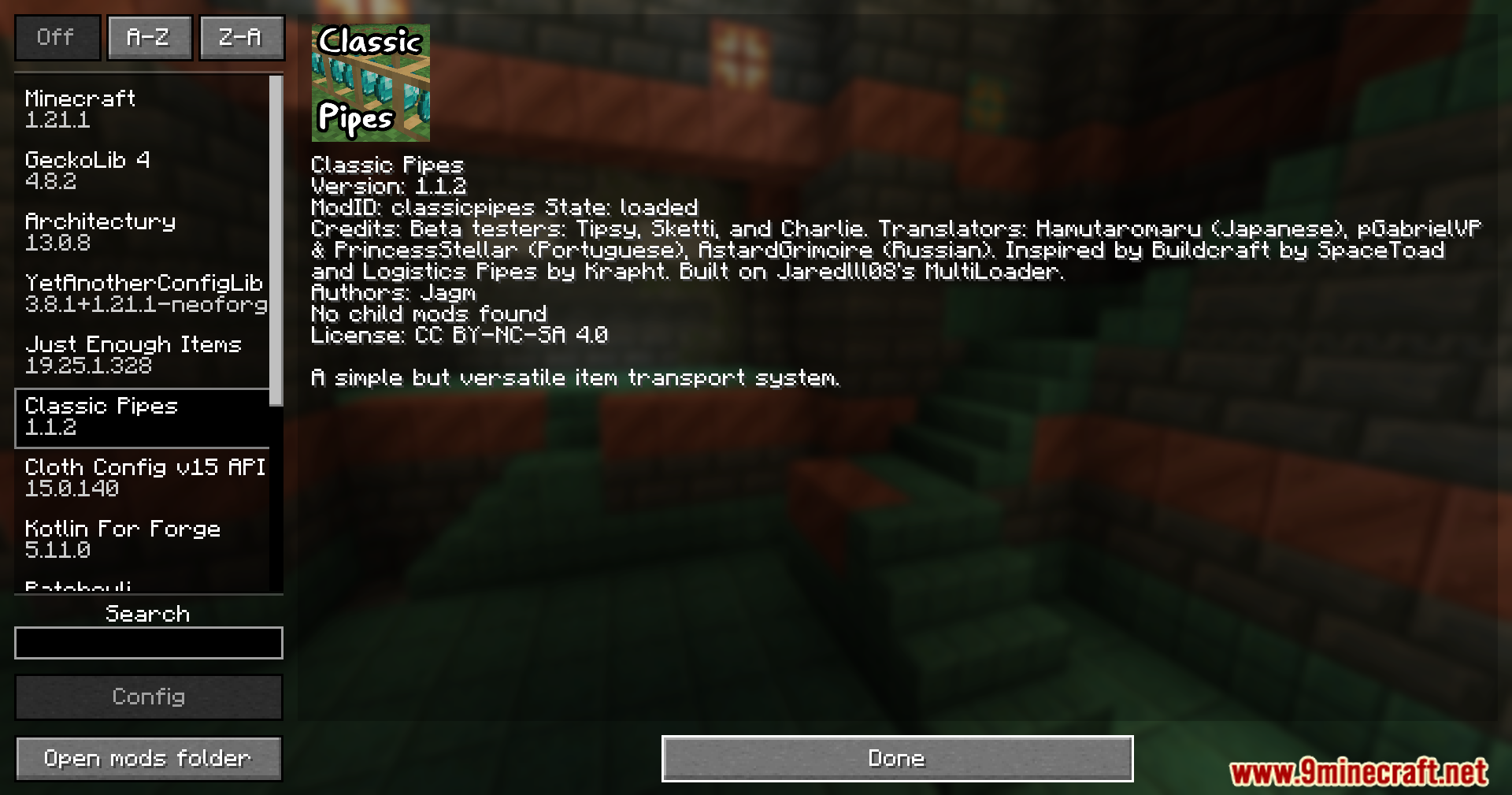 Mod menu displaying the Classic Pipes mod details and version