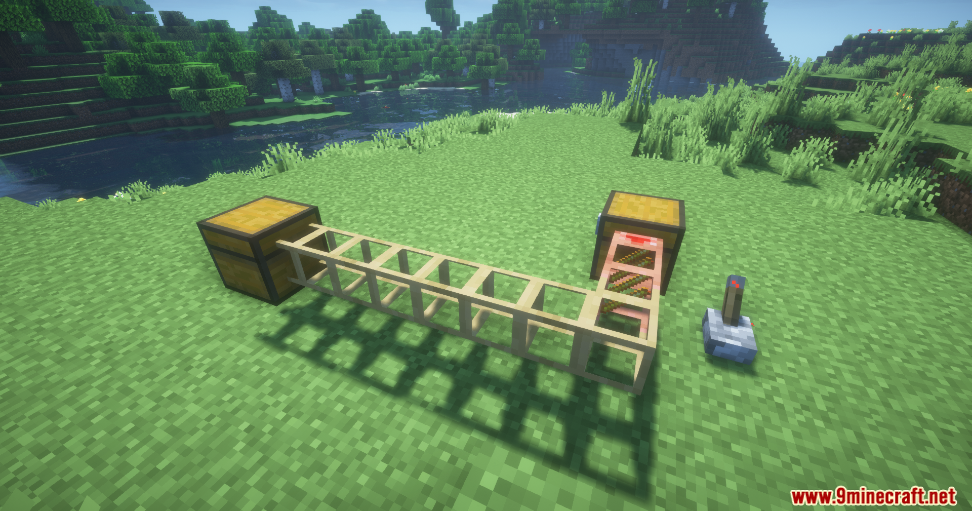 Two chests connected by wooden and stone pipes for item transport