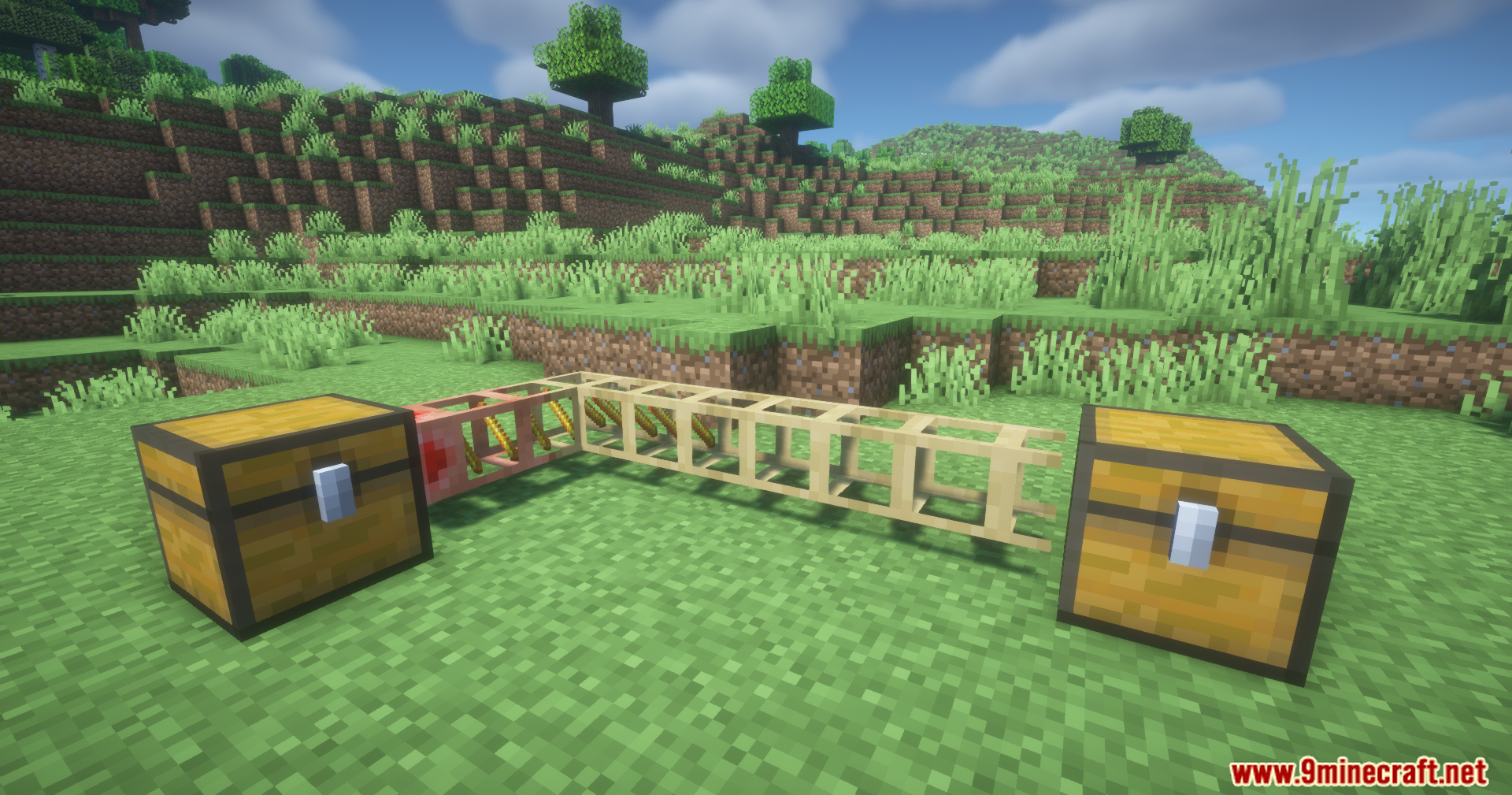 Emeralds flowing through a pipe system connecting two wooden storage chests