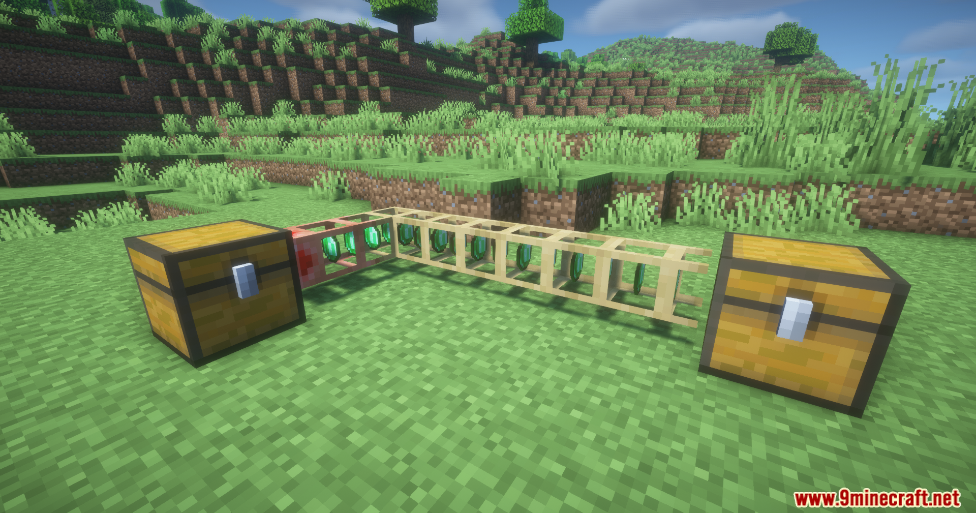 Redstone torch powering a wooden extraction pipe connected to a chest