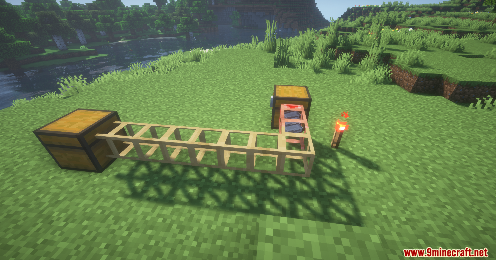 Wooden pipe extracting items from a chest powered by redstone torch
