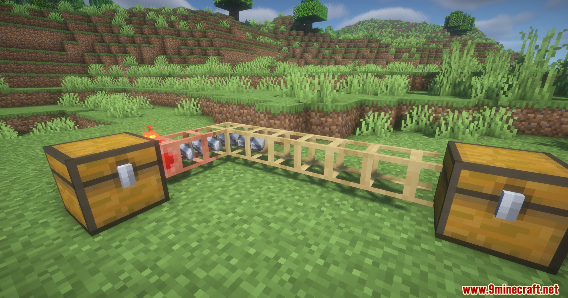 Iron ingots traveling through a transport pipe network between two chests