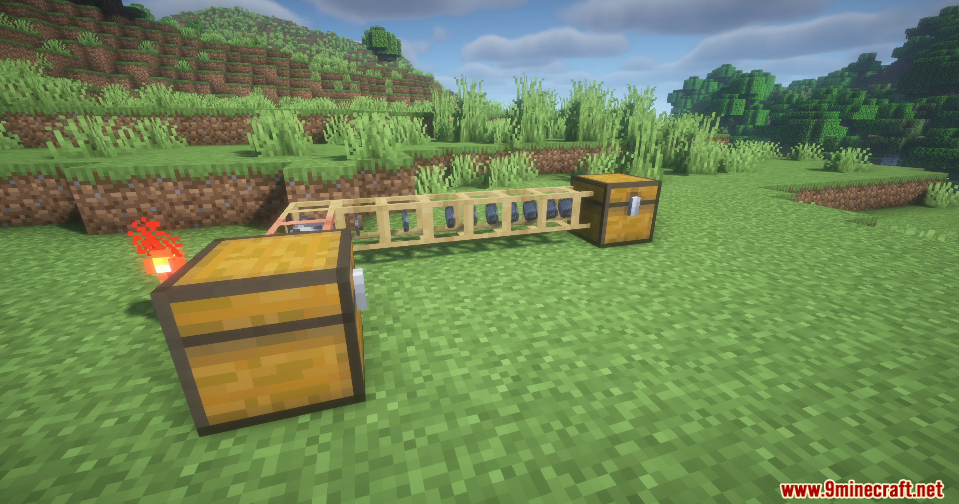 Items traveling through a straight pipe system connecting two chests