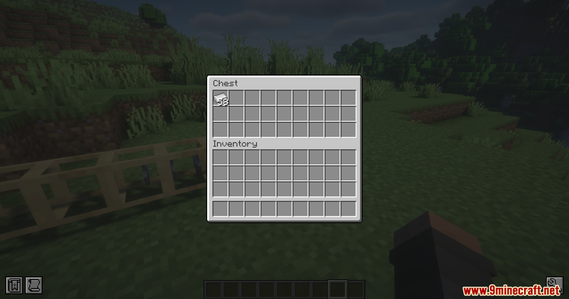 Player viewing chest inventory filled with iron ingots from pipes