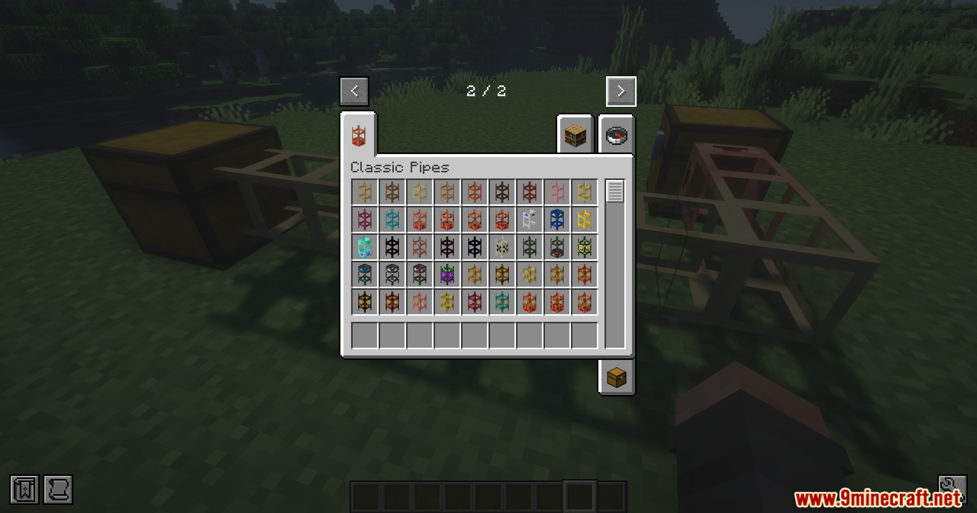Viewing the Classic Pipes Mod creative inventory tab with various pipes