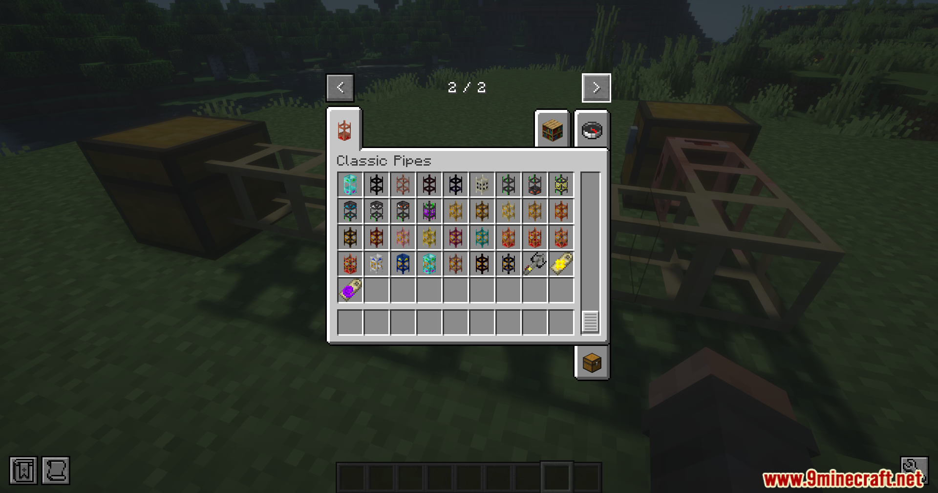 Creative inventory tab showing various pipe items from Classic Pipes Mod