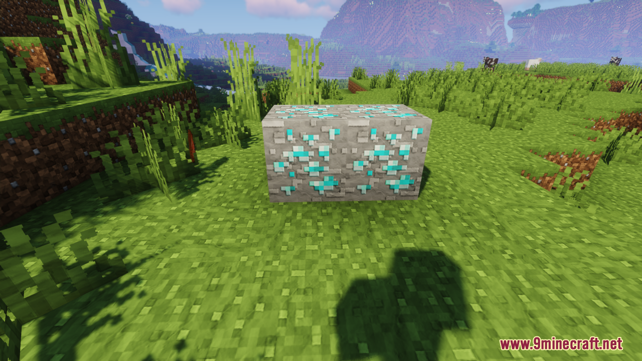 Diamond ore blocks placed on grass showing Clayful texture pack
