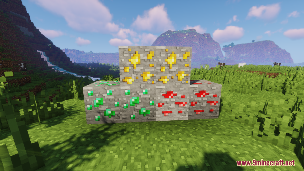 Emerald gold and redstone ore blocks showing smooth clay textures