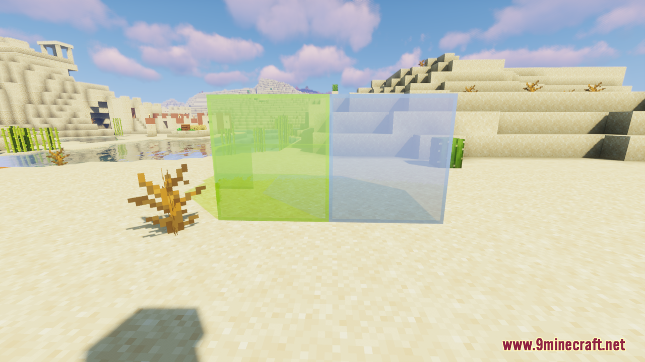 A green tinted glass block next to a clear one