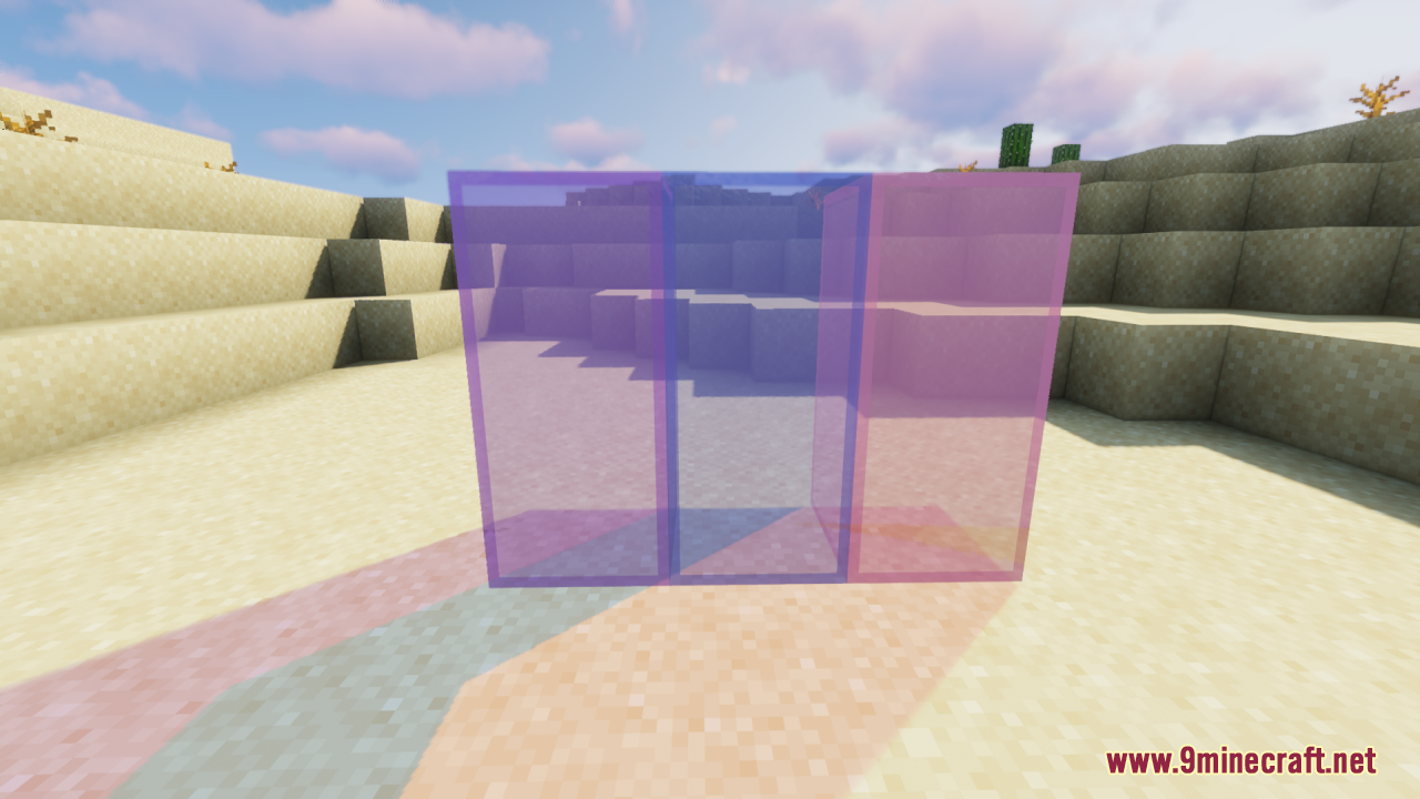 Purple, blue, and pink tinted glass blocks standing together
