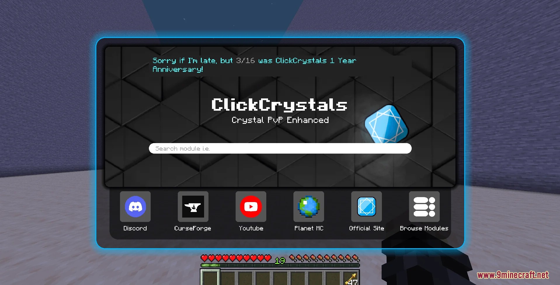 The main menu of the ClickCrystals mod in Minecraft