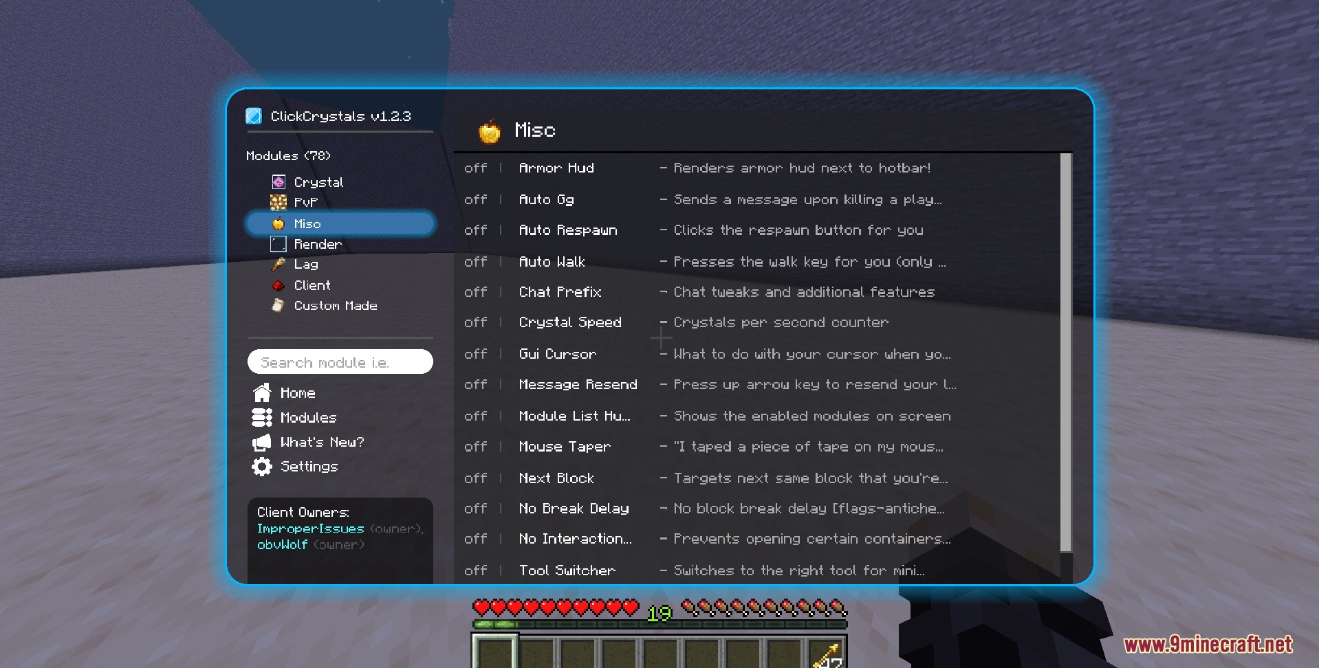 ClickCrystals mod interface showing miscellaneous module settings
