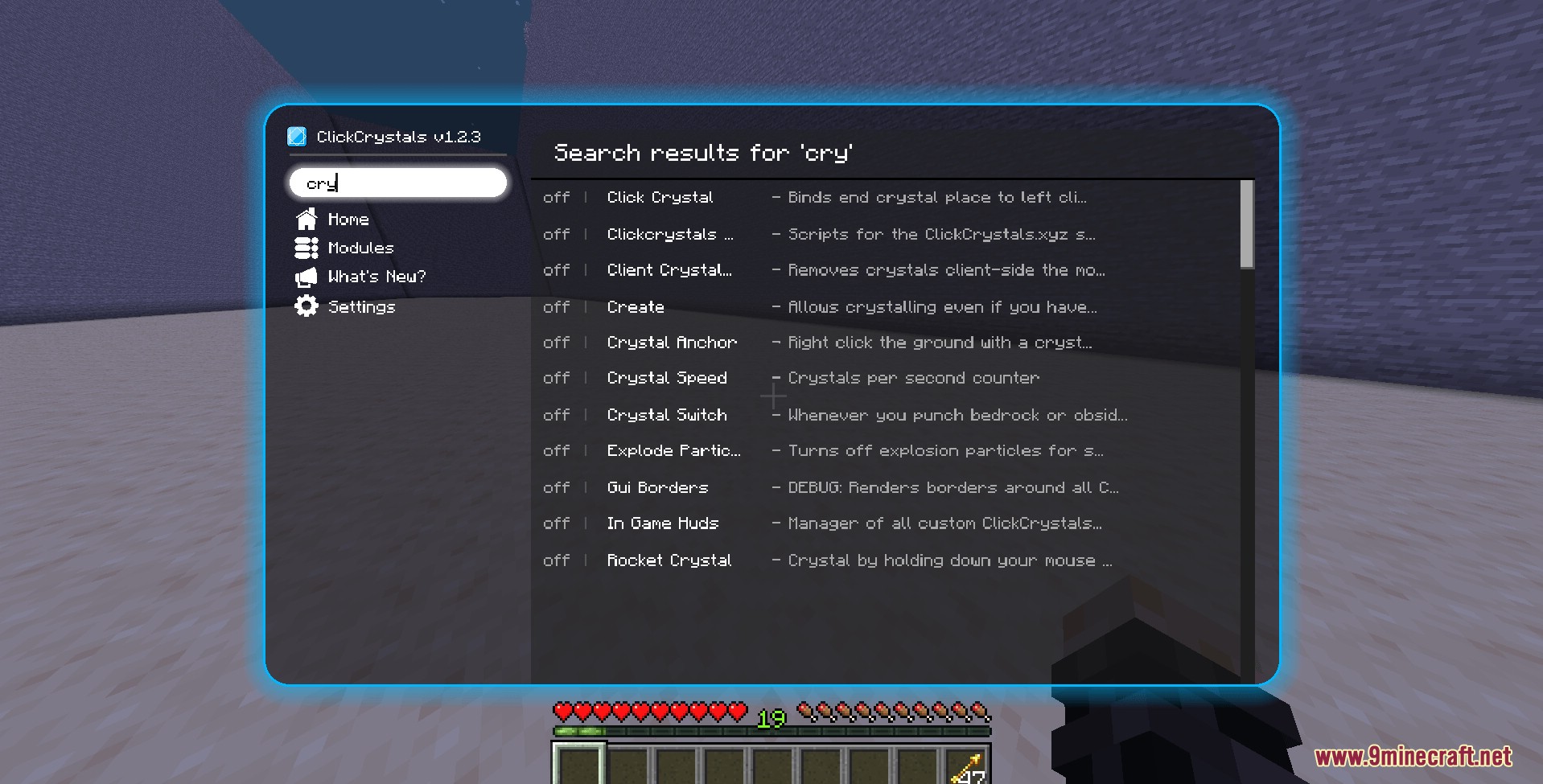 Searching for crystal modules within the mod's user interface